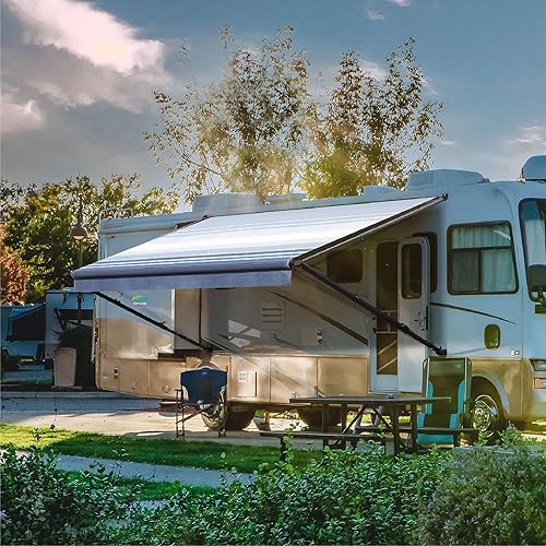 Suncode Manual RV Awning Black Modular Retractable Awning Complete Kit for RV,5th Wheel,Travel Trailers,Toy Haulers,Motorhome RV Trailer Awning for Home or Camper-20x8Ft-Blue Strip