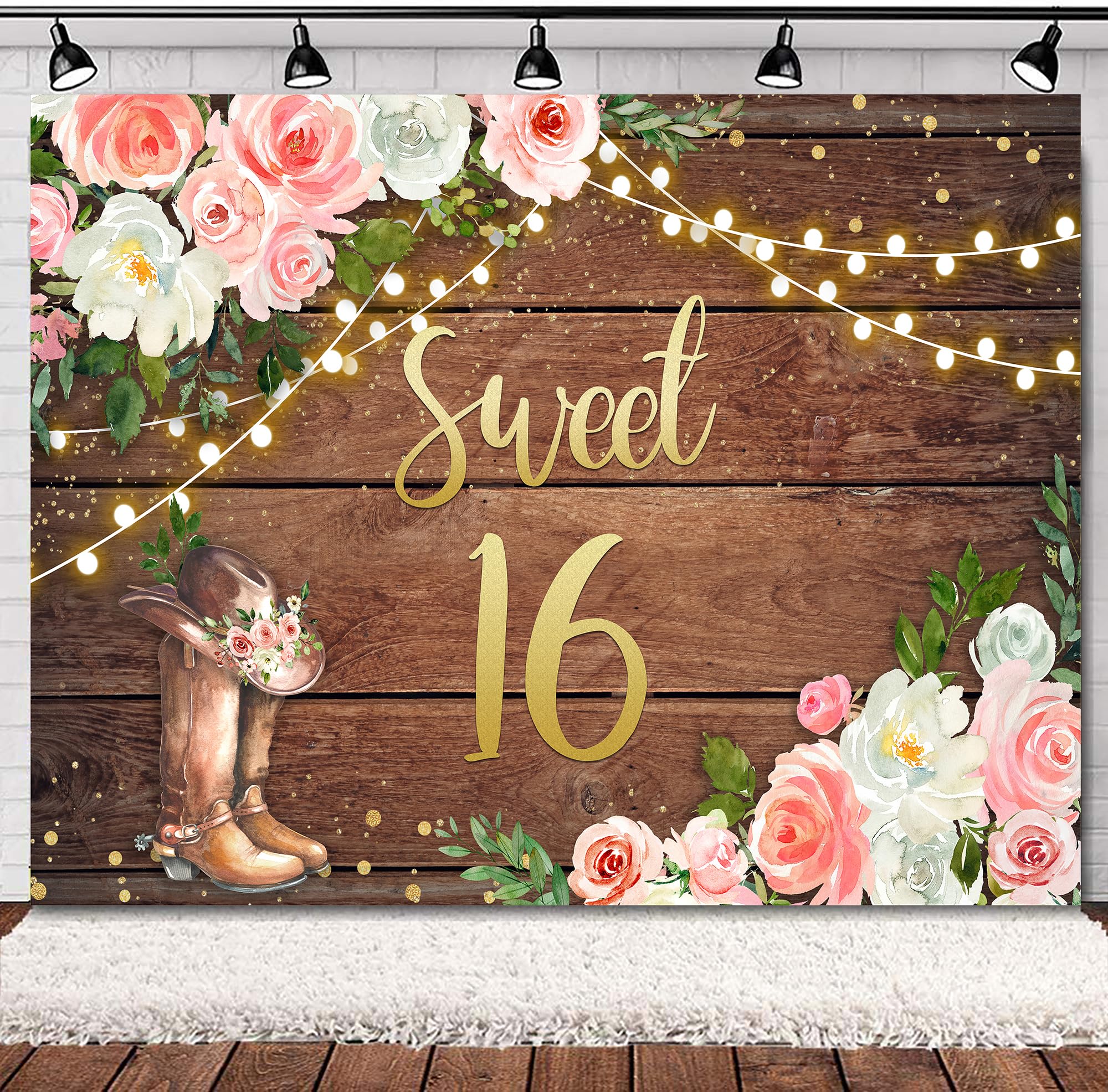 SVBright Sweet 16 Happy Birthday Backdrop 8Wx6H Cowgirl Western Rustic Country Wooden Plank Watercolor Pink Flower Floral Boots Farmhouse Decorations