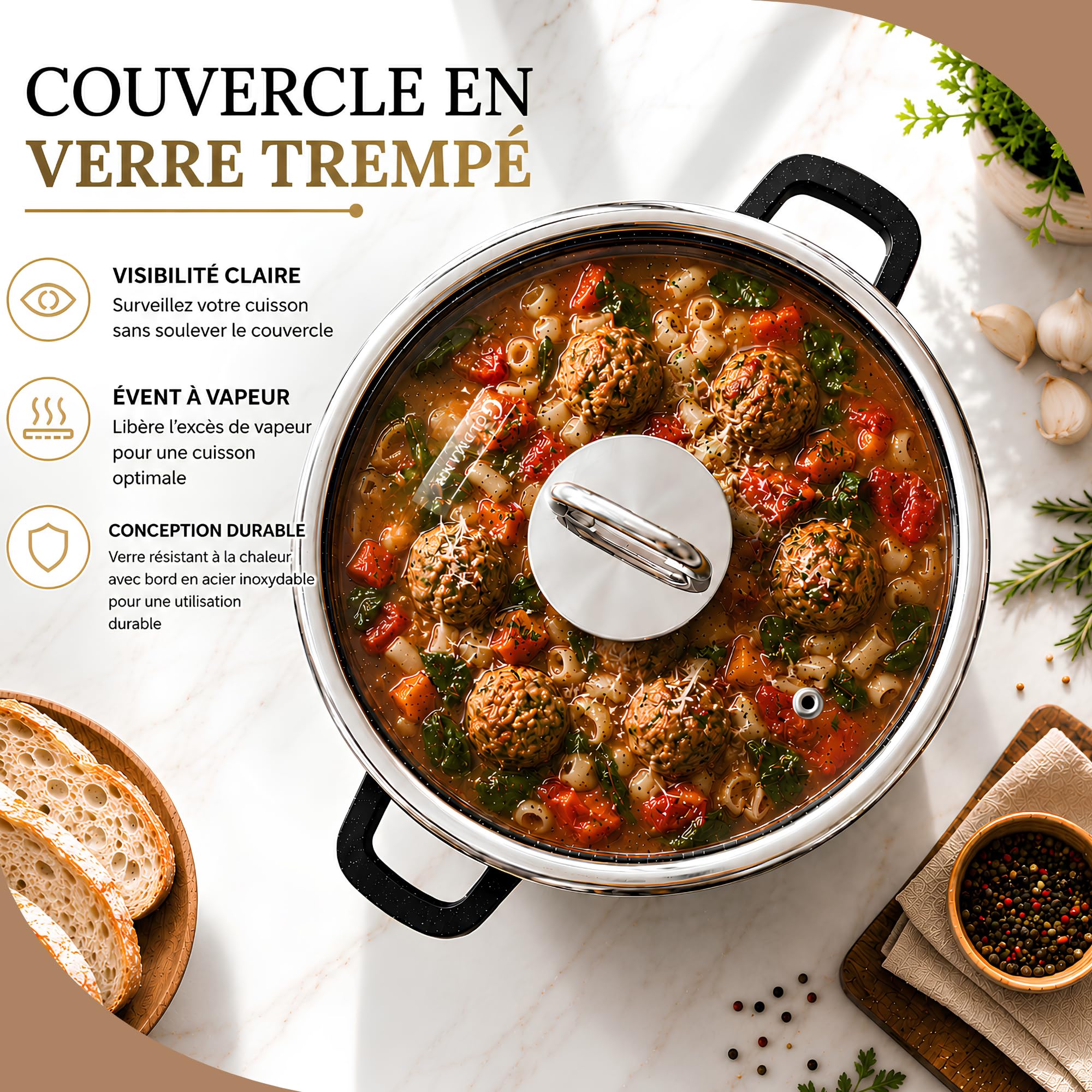 GOLDMANN en cocotte aluminium, 28 cm - 6.5 L, revêtement antiadhésif en céramique effet marbre, couvercle en verre, compatible induction et tous feux, passe au four et sans PFOA
