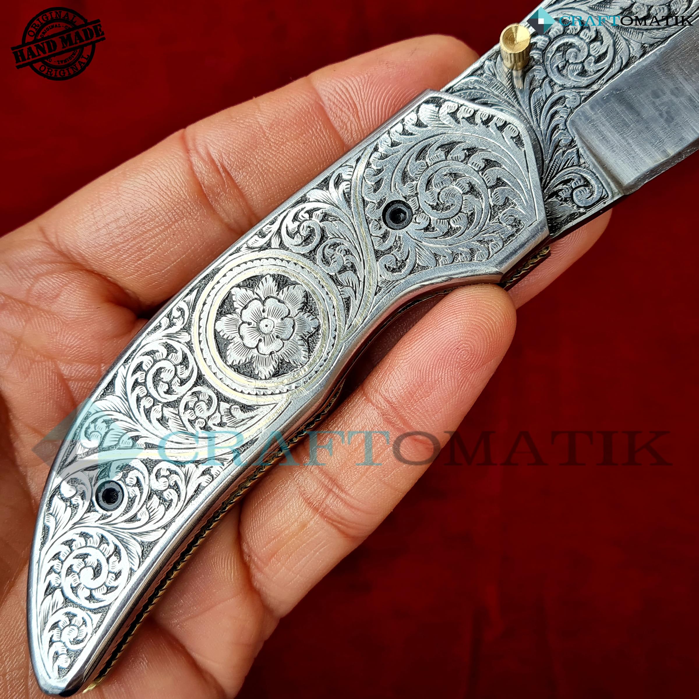 Handgravierte Taschenmesser | Klappmesser | 440C Edelstahl klinge | Edelstahl und Messing Griff | Handgefertigt Outdoor Camping Messer | FK48