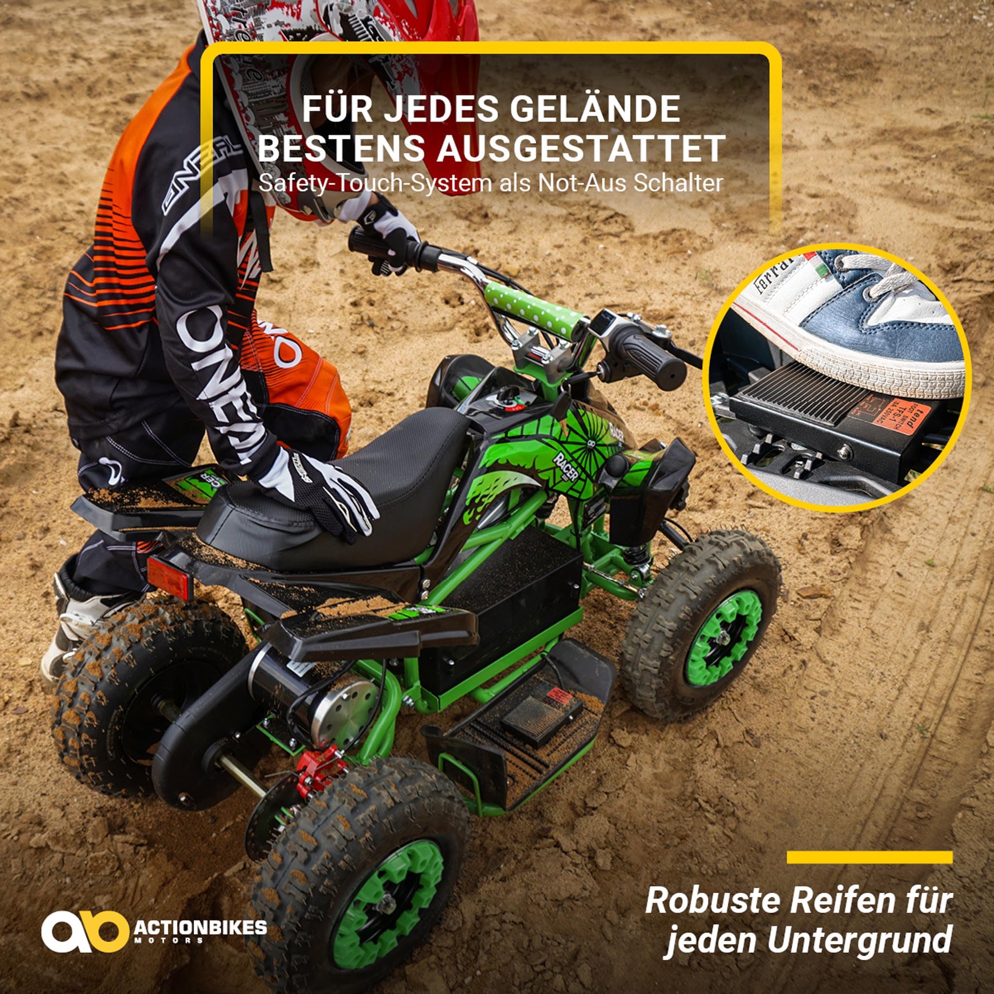 Actionbikes Motors Kinder Quad Elektro ATV Racer | 𝟑𝟔 Volt 𝟭𝟬𝟬𝟬 Watt Motor bis 𝟐𝟒 km/h - Kinderquad - Pocket Quad - Safety Touch Fußschalter - Für Kinder ab 8 Jahren (1000 Watt Schwarz/Grün)