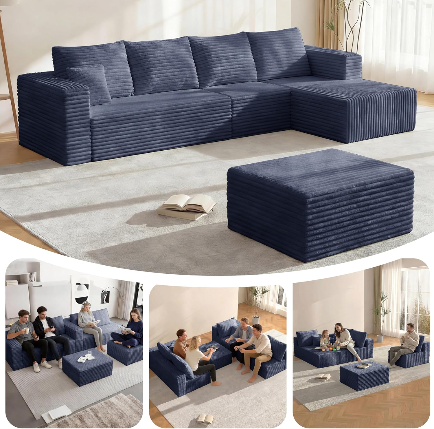 BSHOMGI 92.5'' U-Shaped Boneless Couches, Comfy Corduroy 3 Seaters Sofas with Ottoman, Modern High Back Sectional Sofa for Living Room with Oversized Chaise Deep Seat Sofa, No Assembly Needed