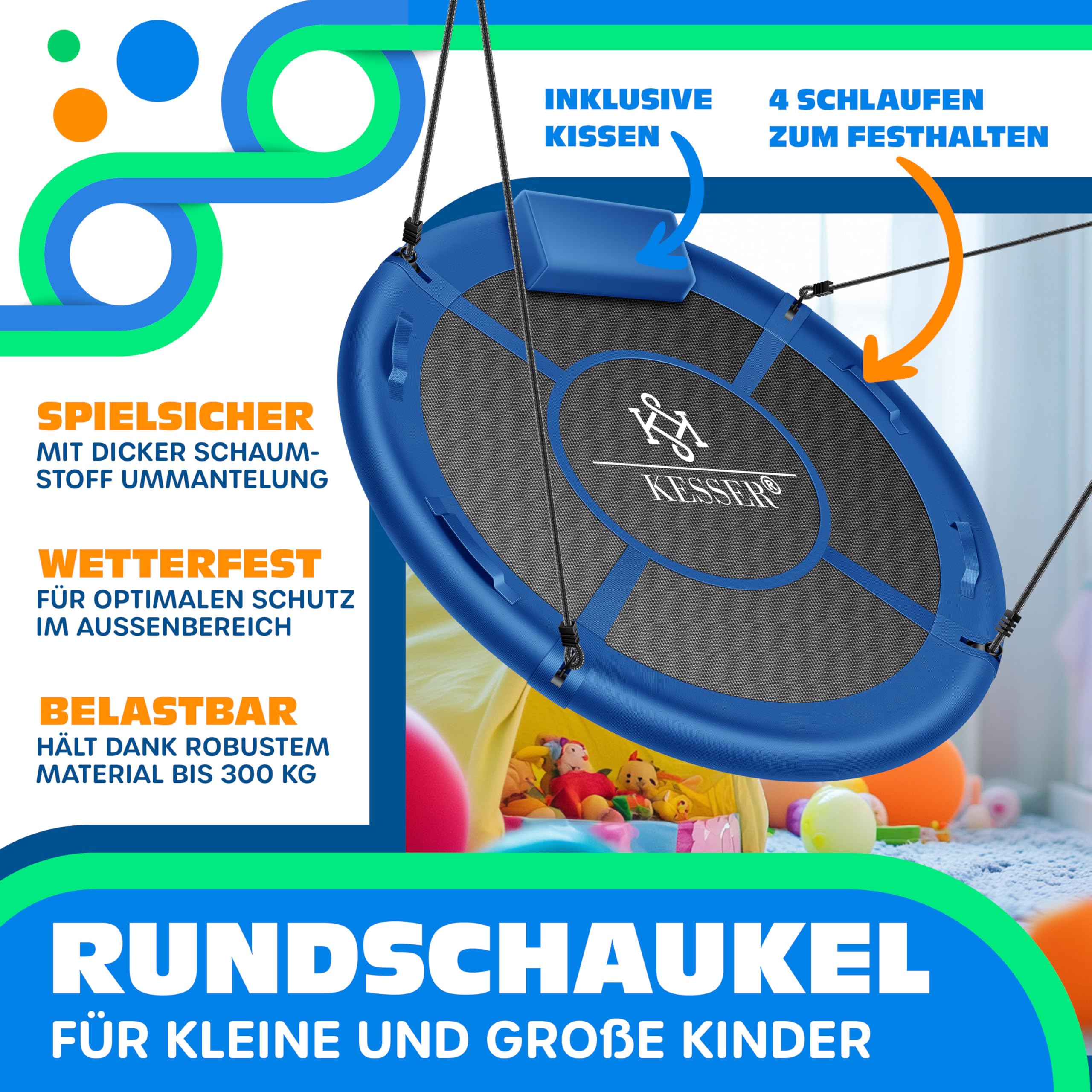 KESSER Nestschaukel Tellerschaukel Ø 120cm bis 300kg mit Kissen & 4 Griffen verstellbar Blau