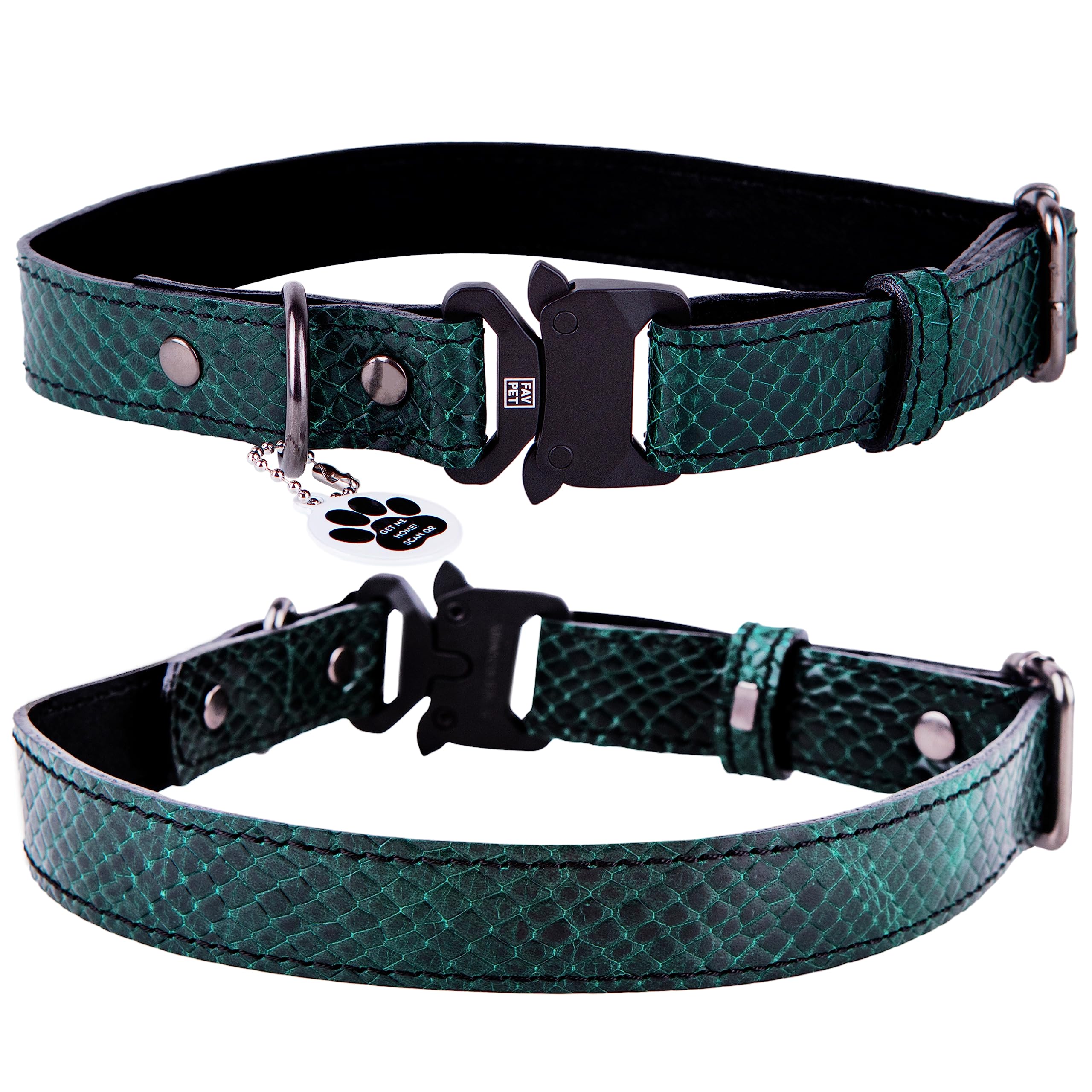 FAVPET Collar de Perro de Cuero con Etiqueta de ID QR, Collar de Perro Hecho a Mano con Hebilla Cobra, Collar para Perros Pequeños, Collar de Perro Mediano, Collar para Perros Grandes (S, Verde)