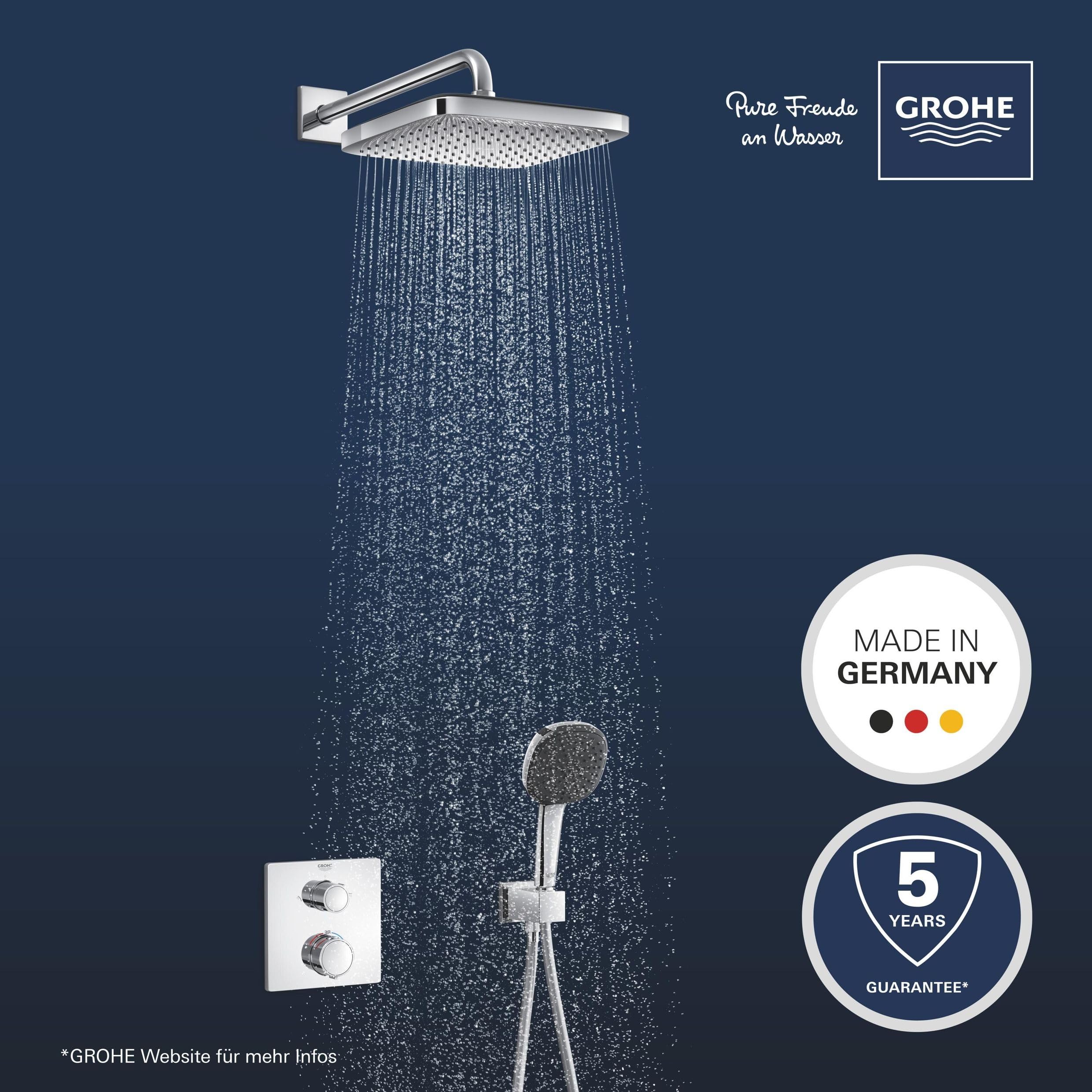 GROHE Precision 250, Unterputz Duschsystem (25cm Regendusche mit Thermostat, Kopfbrause 1 Strahlart, Duschkopf 2 Strahlarten, Komplettset, 1,50m Duschschlauch), eckig, chrom, 34882000