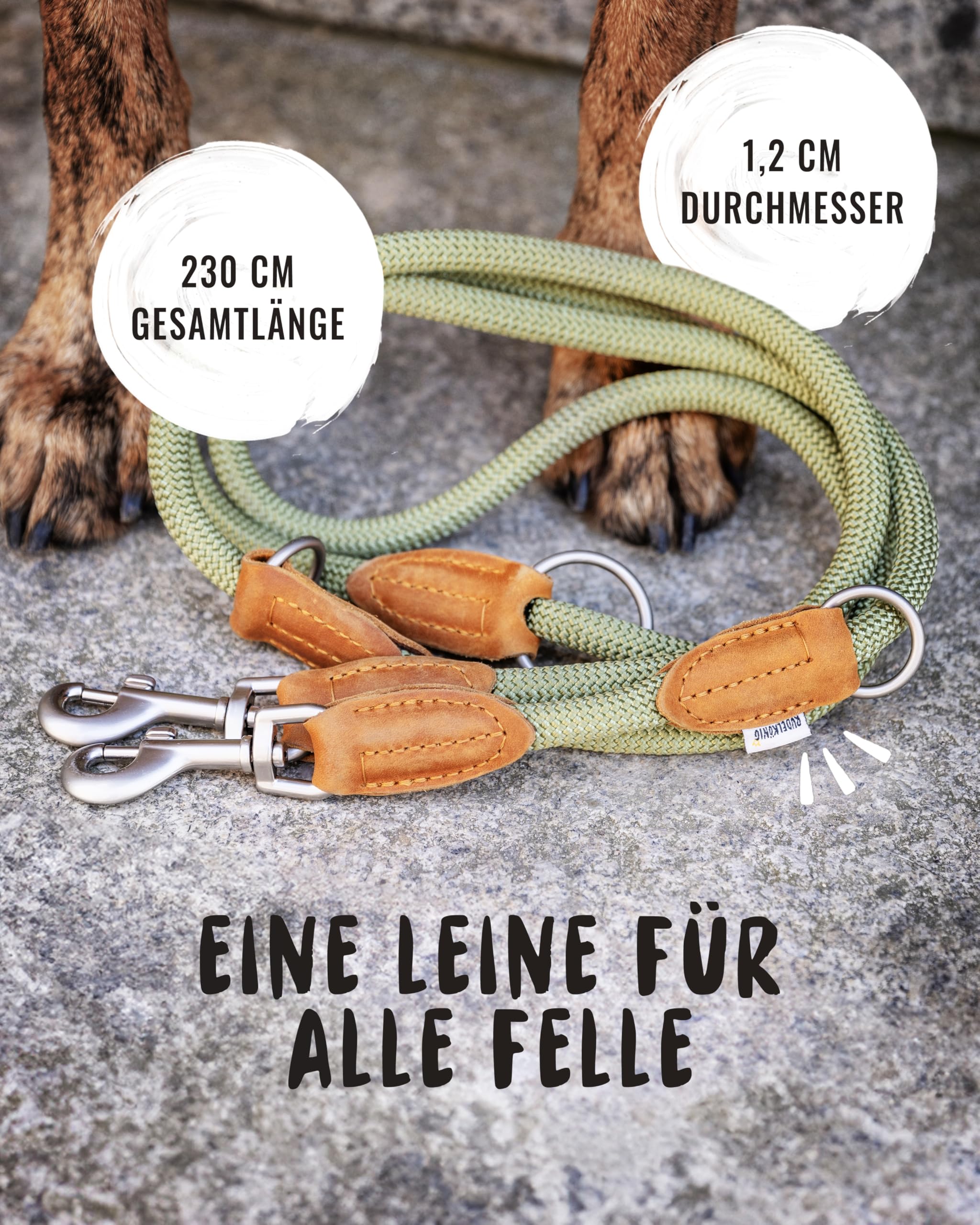 Rudelkönig Führleine Emma 2,30m - Verstellbare Hundeleine für mittelgroße & große Hunde - Elegante Tauleine in Khaki