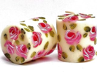 Romantic Decorative Mini Small Short Ivory Votive Candles Set with Hand Painted Pink Roses Shabby Chic Decor