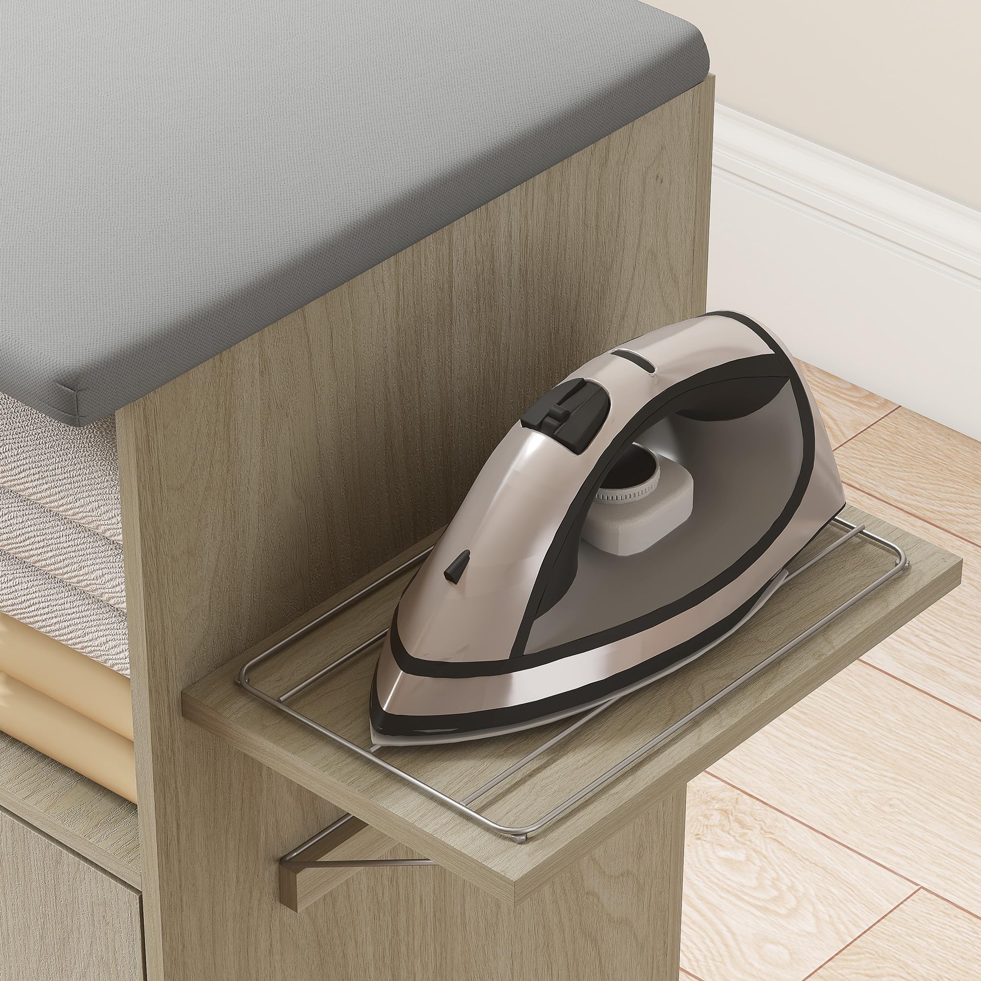 HOMCOM Table à Repasser Pliable avec roulettes à Frein et Porte-Fer à Repasser, Meuble à Repasser Multifonctionnel avec Barre à cintres, étagères réglables, pour buanderie, Salle de Bain, 127 x 42,5