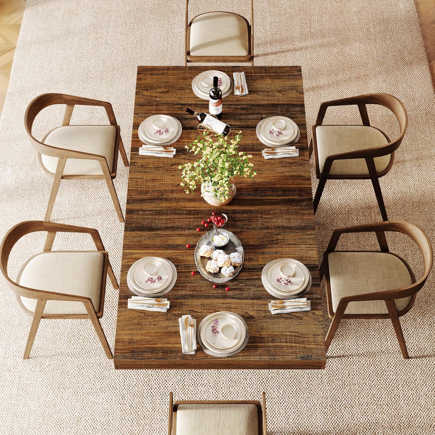 Tribesigns 63'' Dining Table for 4-6, Farmhouse Wooden Rectangular Dinner Table with Geometric Relief, Pedestal Base (Brown and Black)