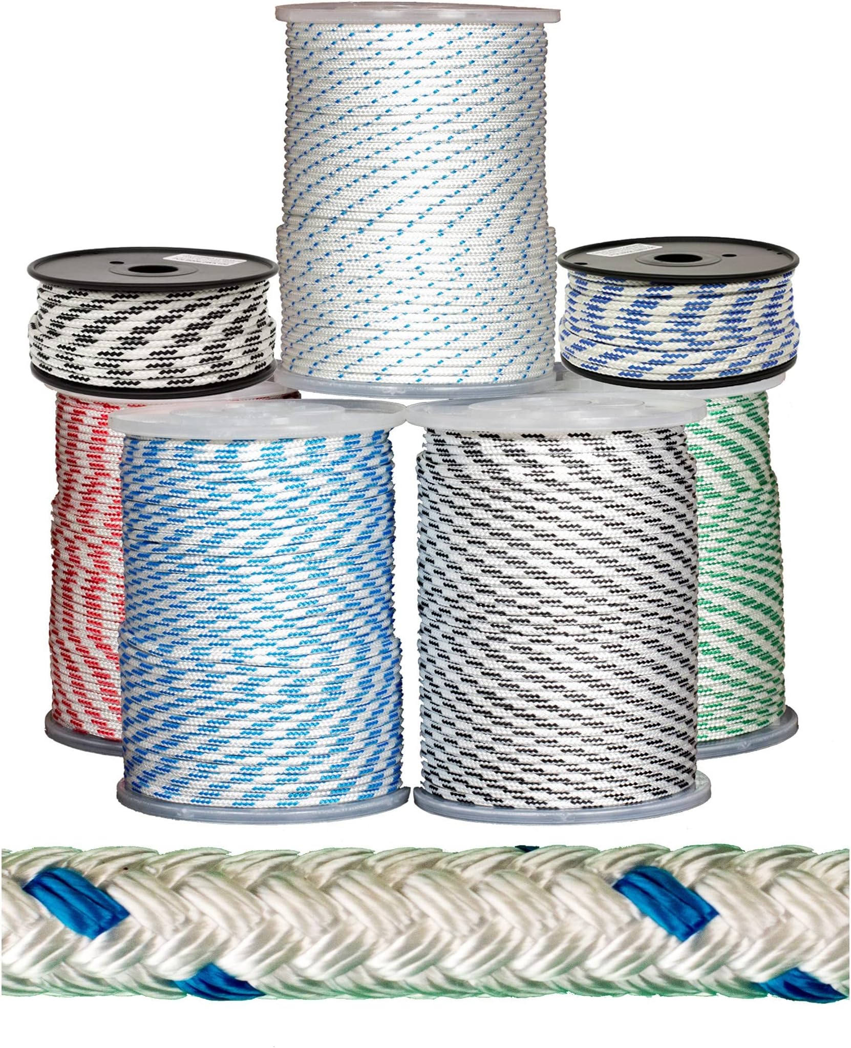 CALIFORNIA CORDAGE® 1/2 Inch x 150 ft Reel White w/ 1 Blue Tracer Double Braid Polyester Rope (Low Stretch & Multipurpose)