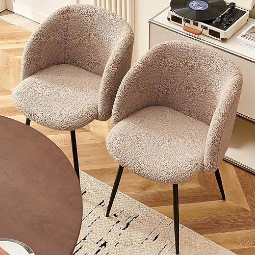 Miniatura 3 de Acogedor juego de 2 sillones tapizados, sillas de sala de estar de piel sintética esponjosa con respaldo medio, silla de comedor de sherpa suave con