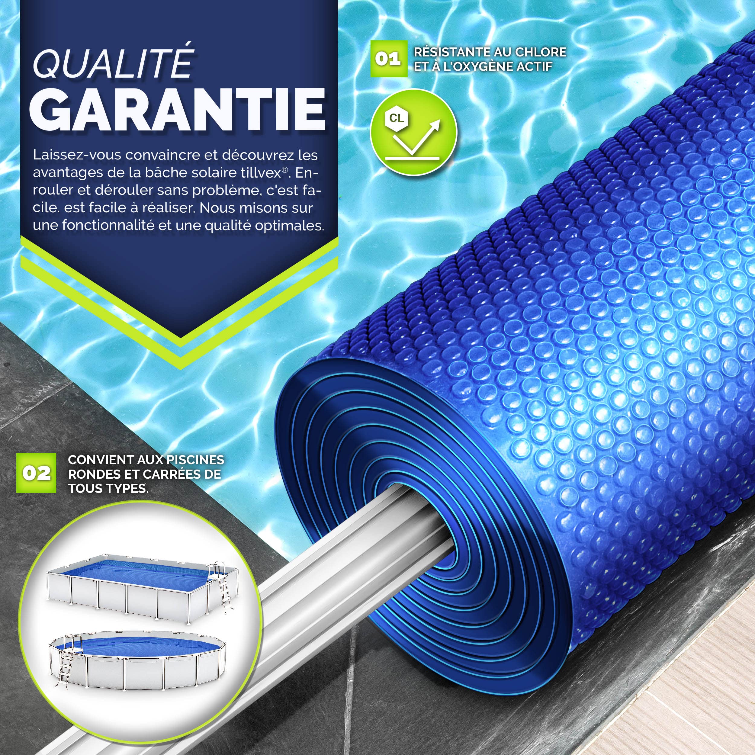 tillvex Bâche à Bulles pour Piscine | Bâche de Protection Solaire de 120 µm d'épaisseur | Découpe individuelle | Chauffage de Piscine pour Eau Chaude (Bleu, 549 cm)