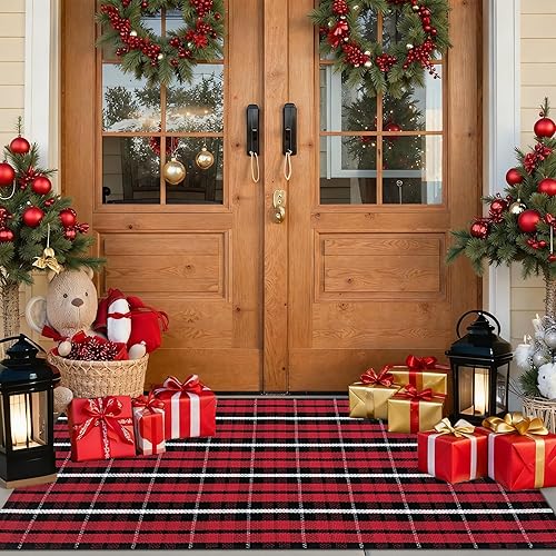 Miniatura 18 de USTIDE Alfombra a Cuadros Buffalo 23.6''x51'' Algodón Negro y Blanco Alfombras a Cuadros Lavable Tejida a Mano Felpudo a Cuadros Retro Estilo Granja