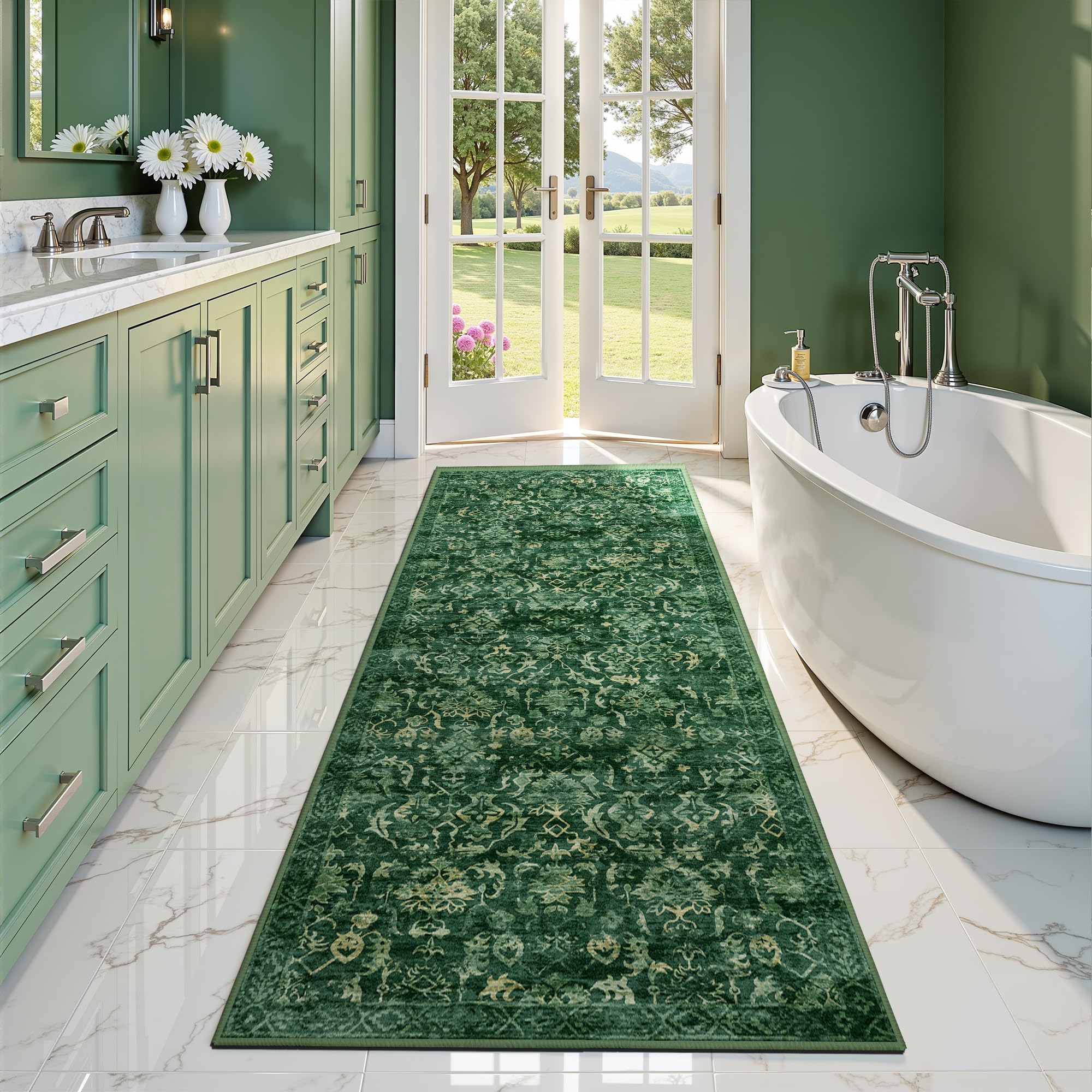 Dark Green 2x6 Runner Rug for Hallways Bed Side Kitchen Boho Washable Distressed Low-Pile Floor Entryway Long Bathroom