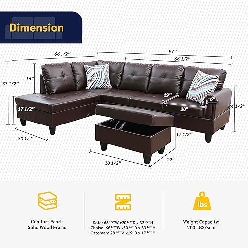 Miniatura 2 de Meriino - Sofá seccional de 3 piezas con otomana, color marrón