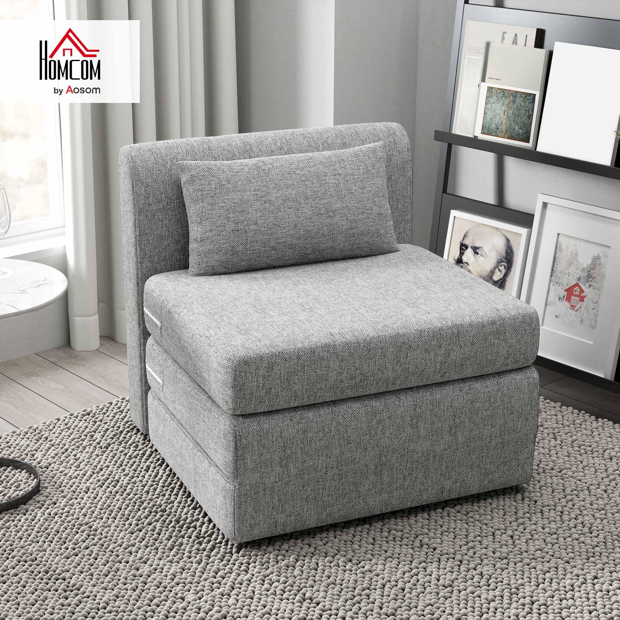 HOMCOM Fauteuil Convertible 1 Place Fauteuil Paresseux chauffeuse Une Place - Coussin Inclus, Matelas tri-dépliant - pour invités, Salon, Charge 240 kg, Tissu Lin Gris
