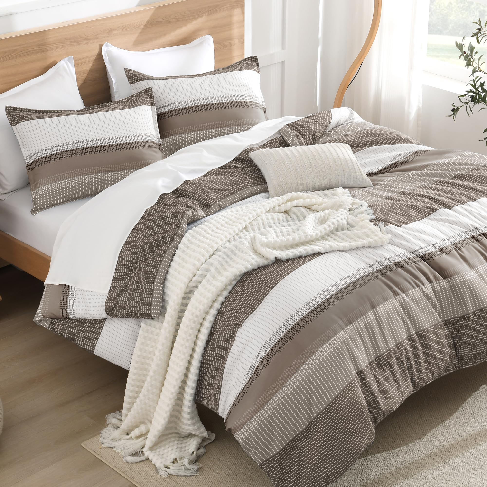 Photo 1 of Litanika Comforter Set Queen Size Hazel - 3 Pieces Lightweight Colorblock Stripe Fluffy Bedding Comforter Sets, All Season Bed Set