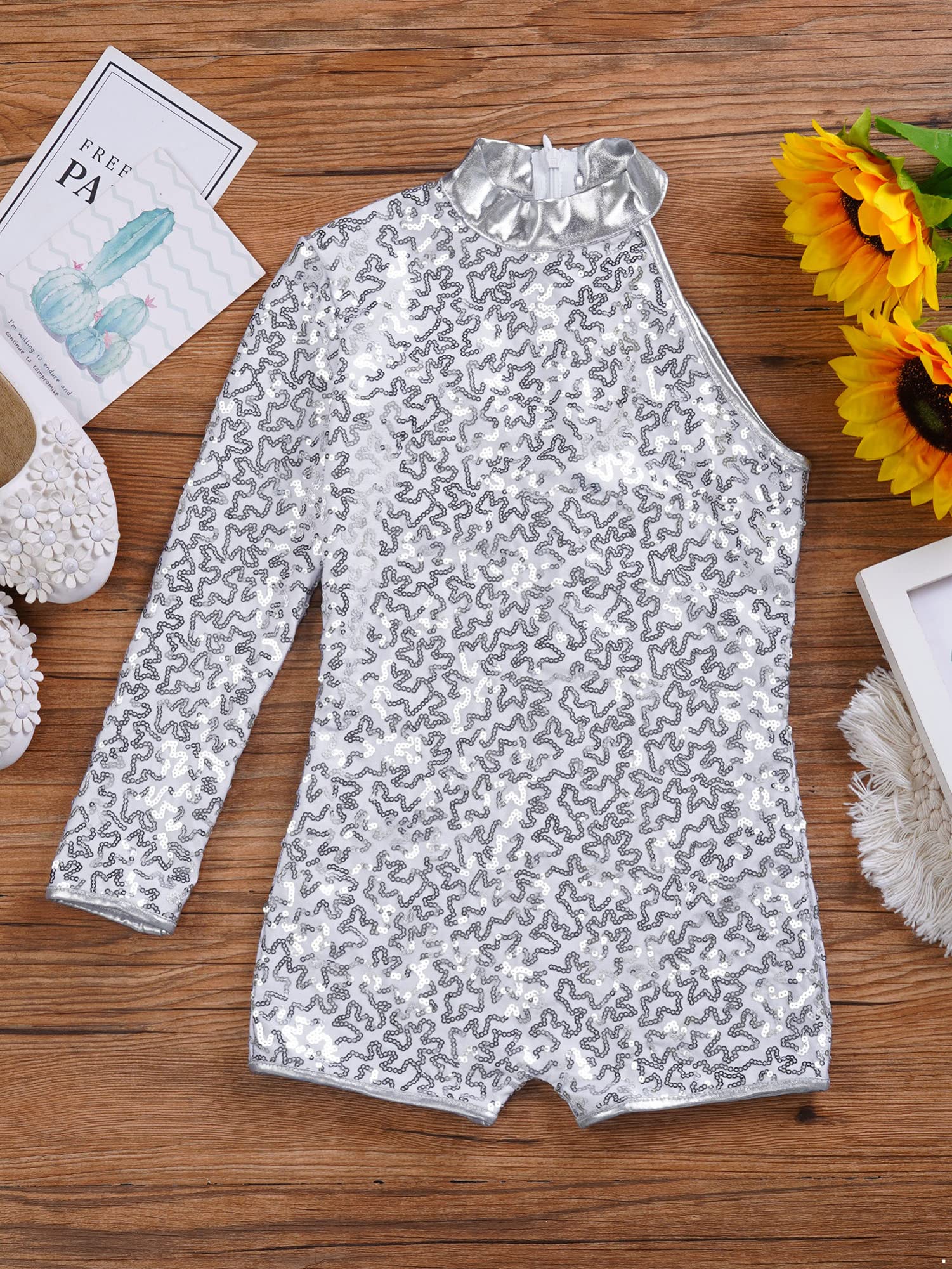 iEFiEL Body da Ballo Latino Monospalla con Paillettes Bambina Body Danza Classica Costume di Danza Moderna Bodysuit da Spettacolo