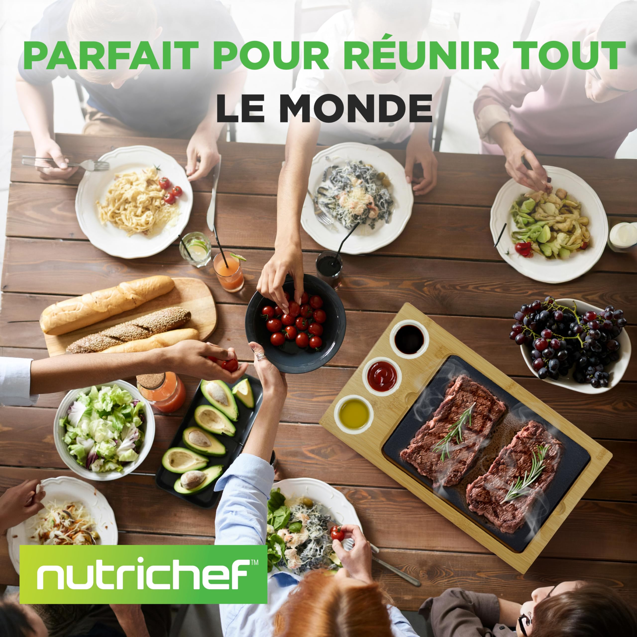 NutriChef Set de Cuisine Pierre Chaude – Grill de Table Granit avec Plateau Bambou 1 pièce Cuisson sans huile pour Viande Poisson Végétarien Intérieur Extérieur, Céramique Noire