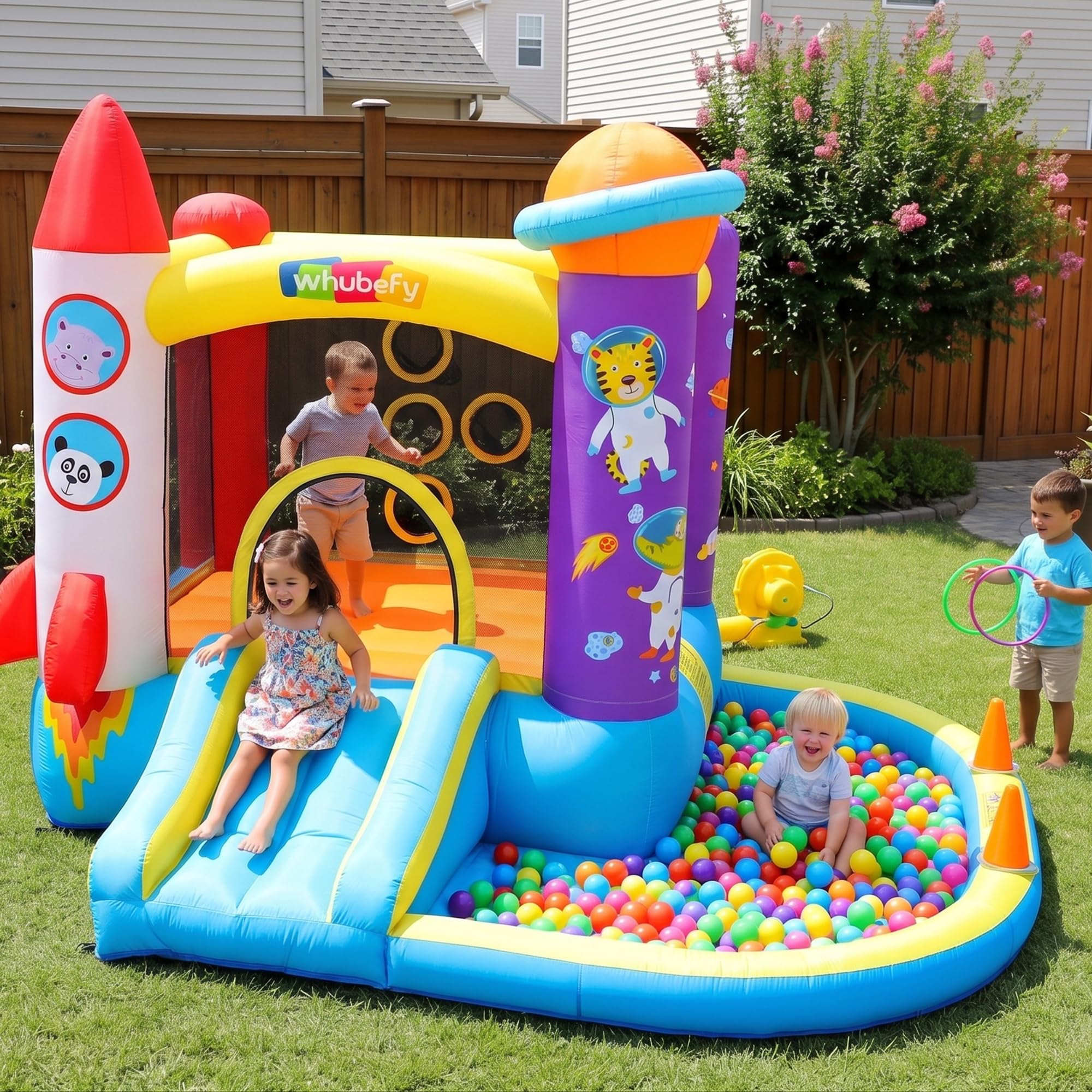AKEYDIY Castillo Hinchable con Tobogán y Piscina de Bolas 310 x 265 x 215 cm, para Niños de 3 a 8 Años, para Interior/Exterior (Rojo con Piscina)
