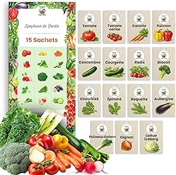 TORAF Kit de Graines de Légumes 15 Variétés – Graine Premium pour Jardin, Balcon et Potager – Tomate, Concombre, Carotte, Poivron, Concombre, Courgette, Radis – Kit de culture de plantes potagères