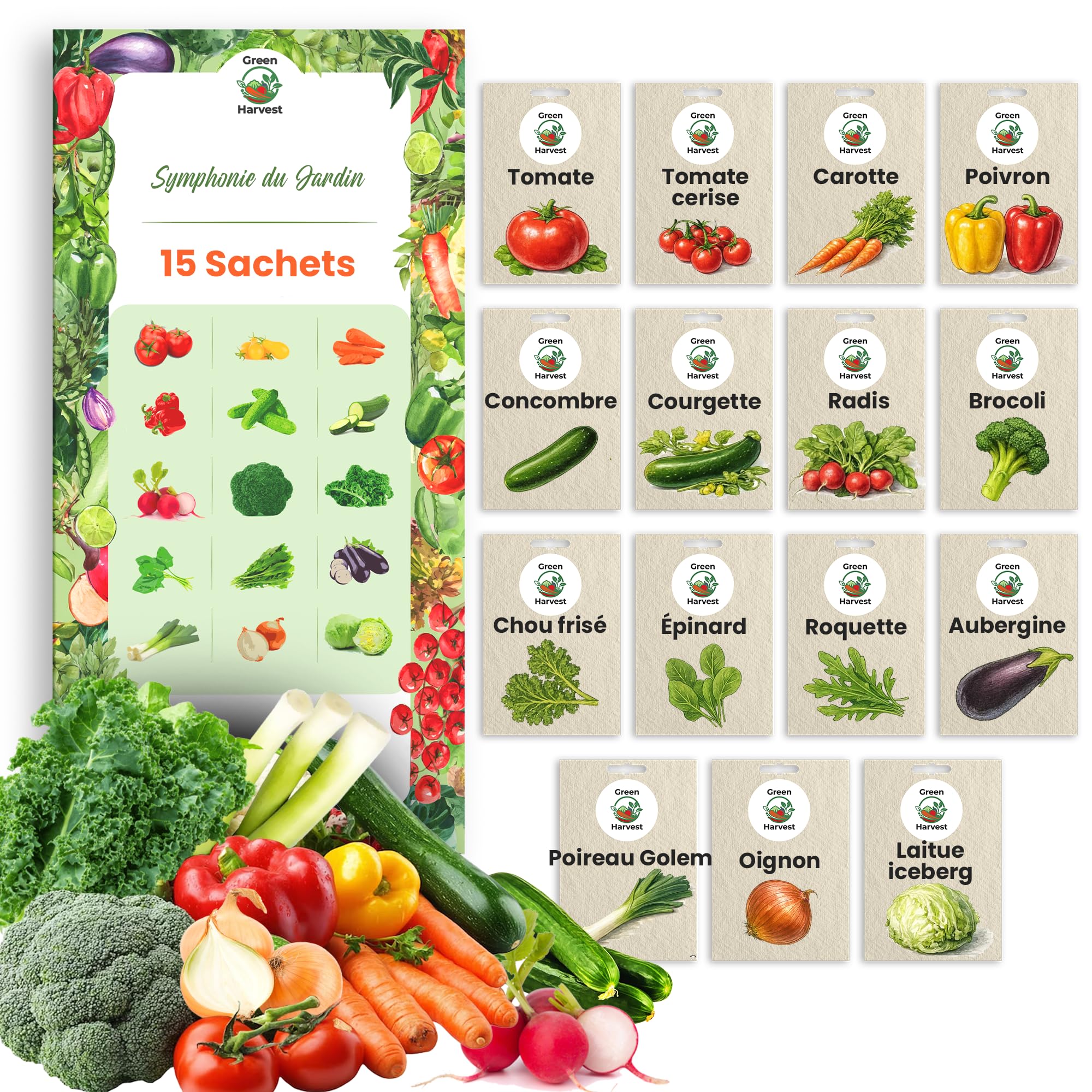TORAF Kit de Graines de Légumes 15 Variétés – Graine Premium pour Jardin, Balcon et Potager – Tomate, Concombre, Carotte, Poivron, Concombre, Courgette, Radis – Kit de culture de plantes potagères - 1