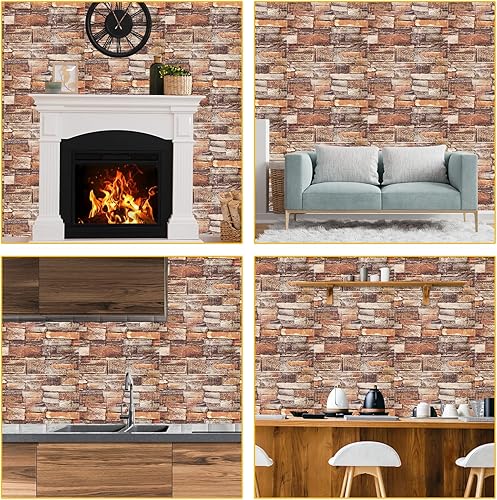 Miniatura 7 de uxcell Paneles de pared 3D para despegar y pegar, 30 piezas de papel tapiz de ladrillo de espuma para dormitorio, panel de pared de piedra