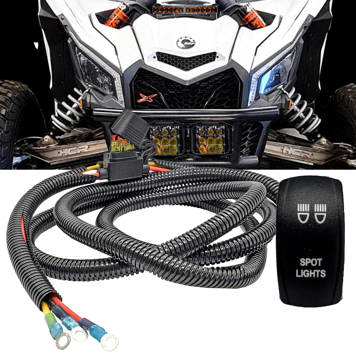 OZ-USA Spot Light On/Off Rocker Switch Power Busbar Distribution Block Wire Harness Compatible with 2018-2025 Can-Am Maverick X3 Max RS Turbo RR Sport Trail Defender