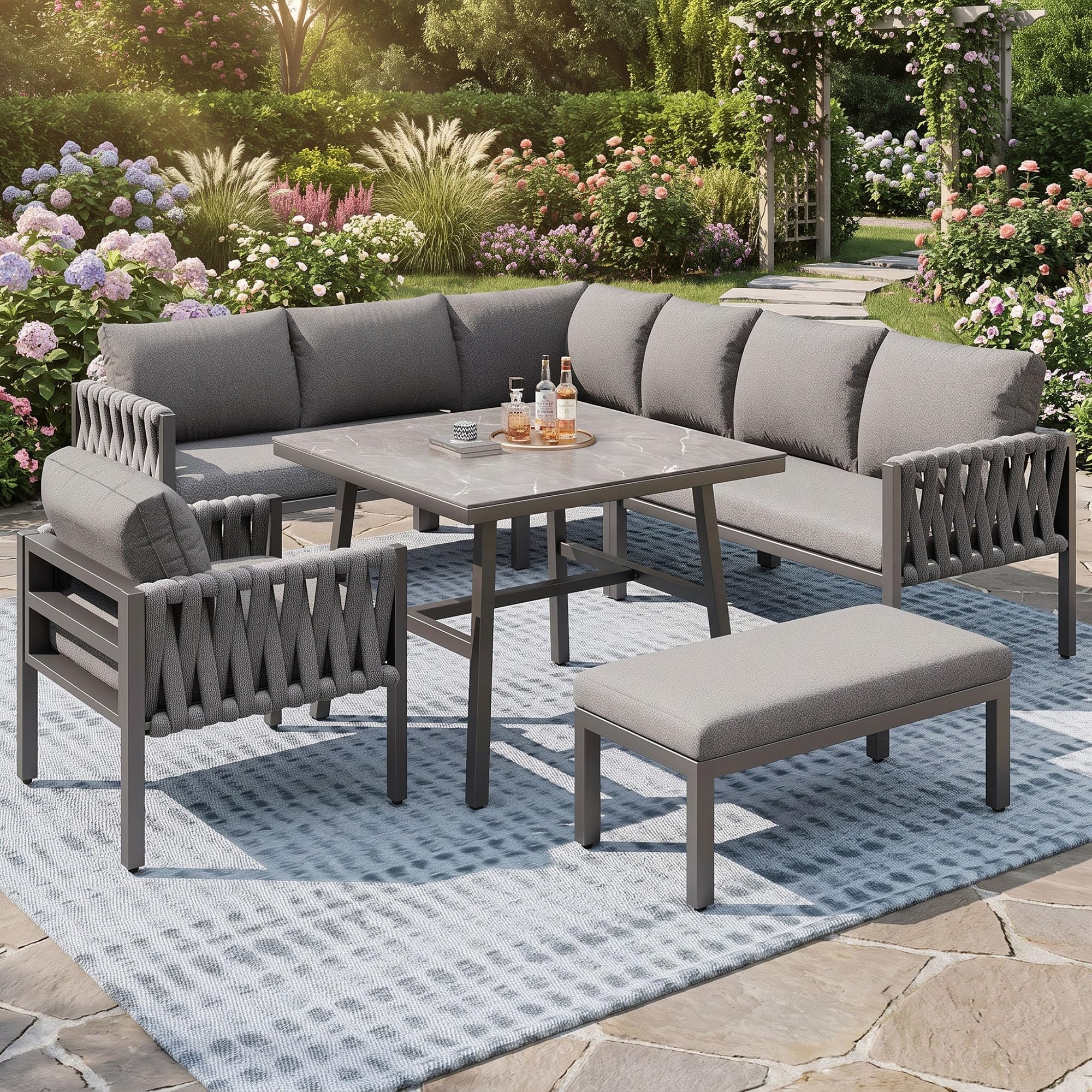 Ensemble Salon de Jardin Extérieur 6-10 Places avec Table en Verre Trempé, Salon Jardin Exterieur Canapé d'angle Moderne en Métal Galvanisé et Coussins, Gris Anthracite