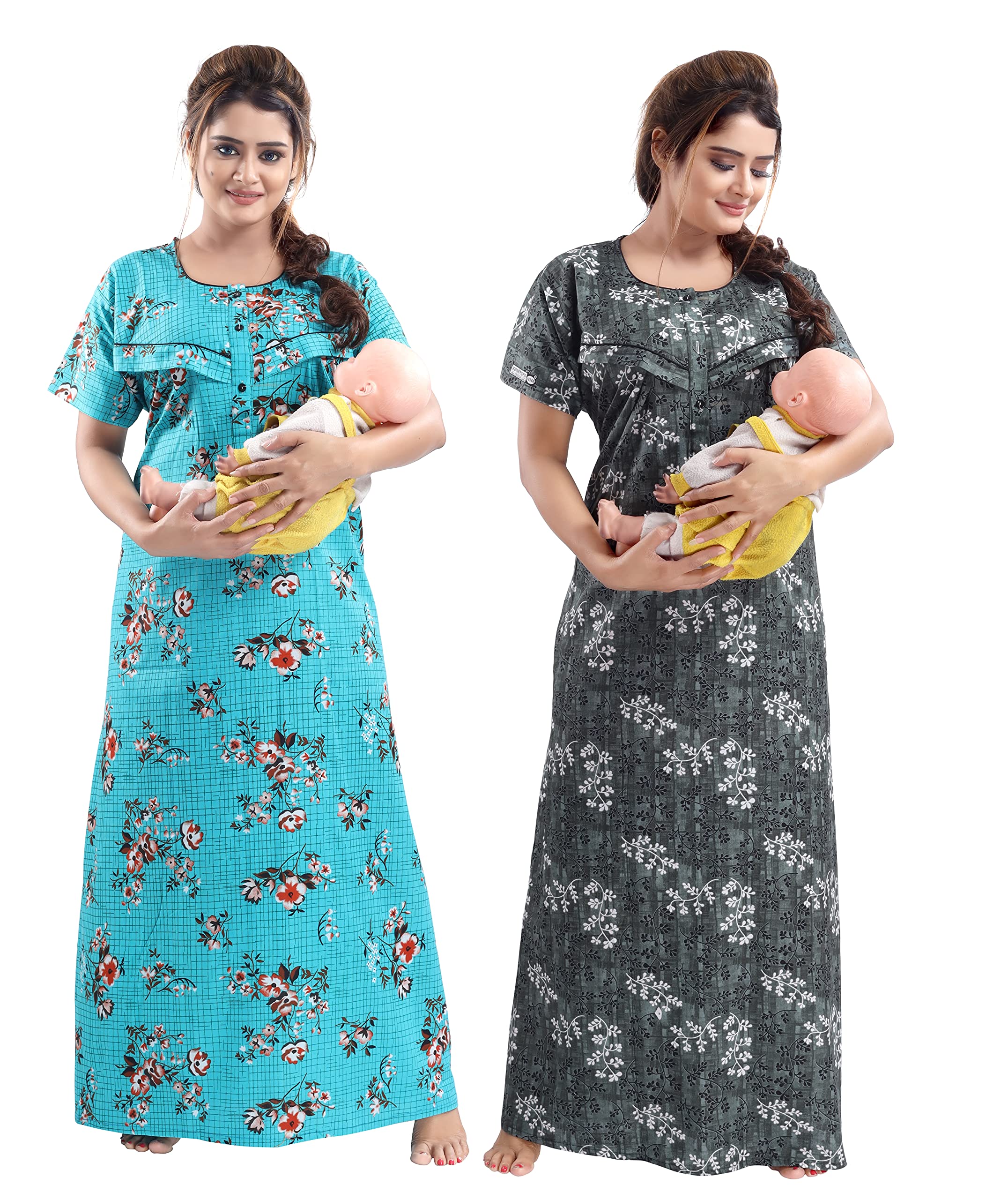 momley® Women's Maternity/Feeding Cotton Fabric Nightgown/Nightie with Pocket (Pack of 2)