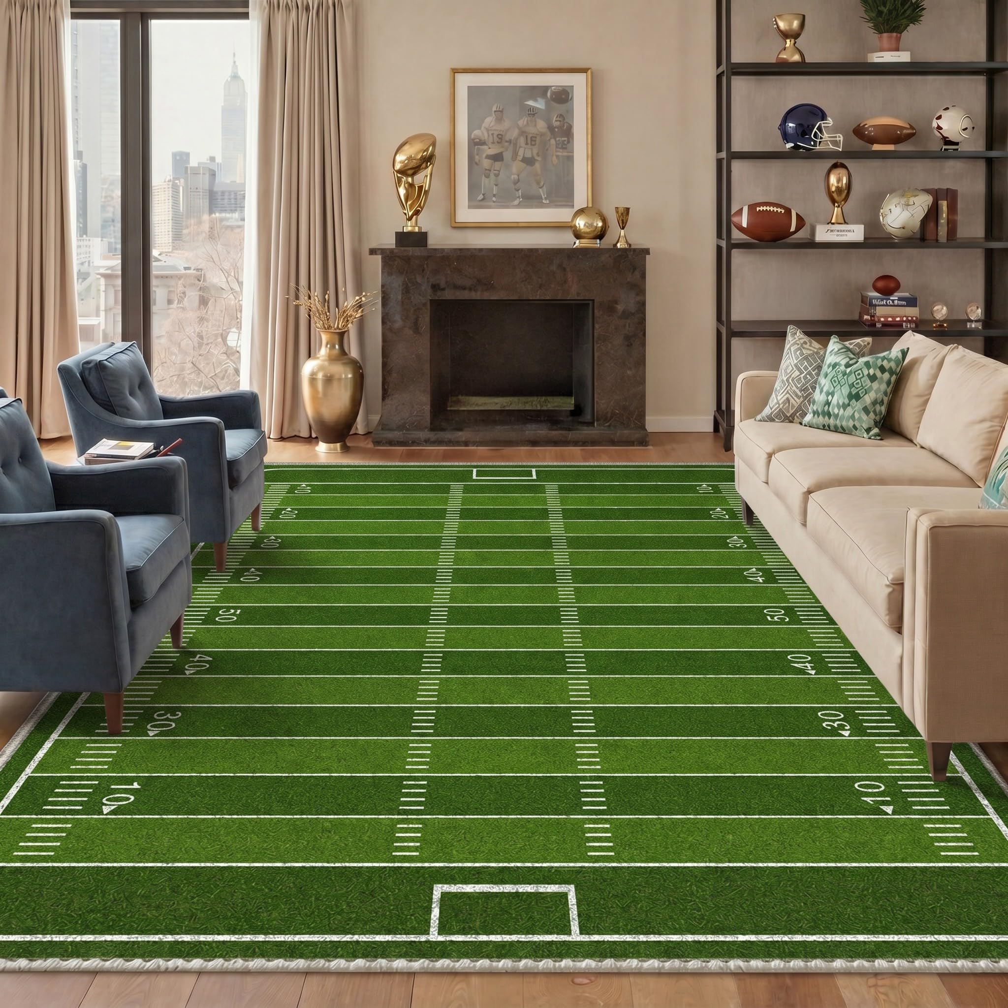 8x10 Football Area Rug, Washable Non Slip Green Football Field Carpet