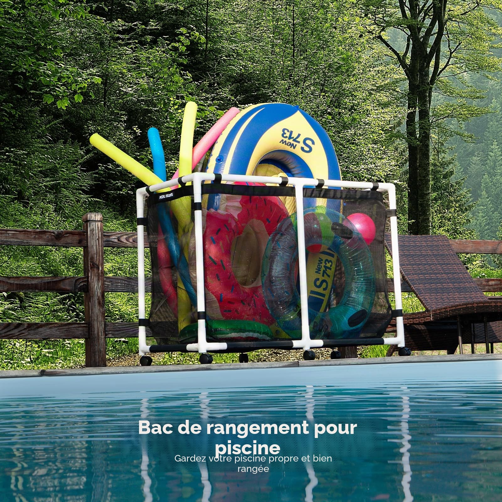 Bac de rangement de piscine, 397 litres, support pour frites de piscine, jouets, flotteurs, serviettes, organiseur en maille pour équipements de natation, style Basic Pro