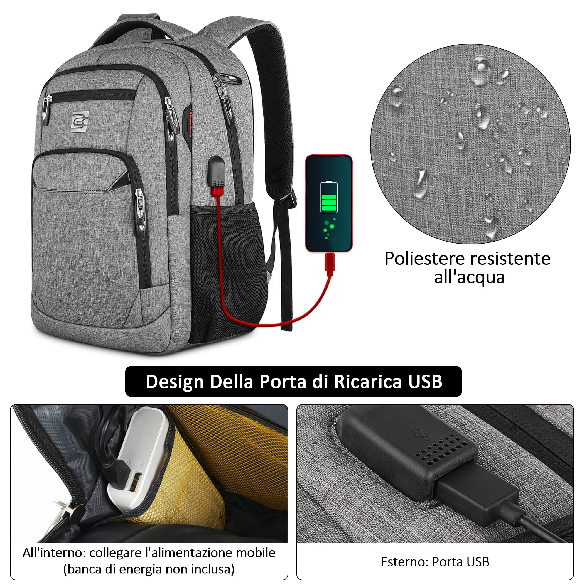 VARLIVOO Uomo Zaino USB Port Donna Zainetto 15,6" Laptop Uomo Borse Alta Capacità Lavoro Viaggio Scuola Impermeabile Polyester Grigio Chiaro