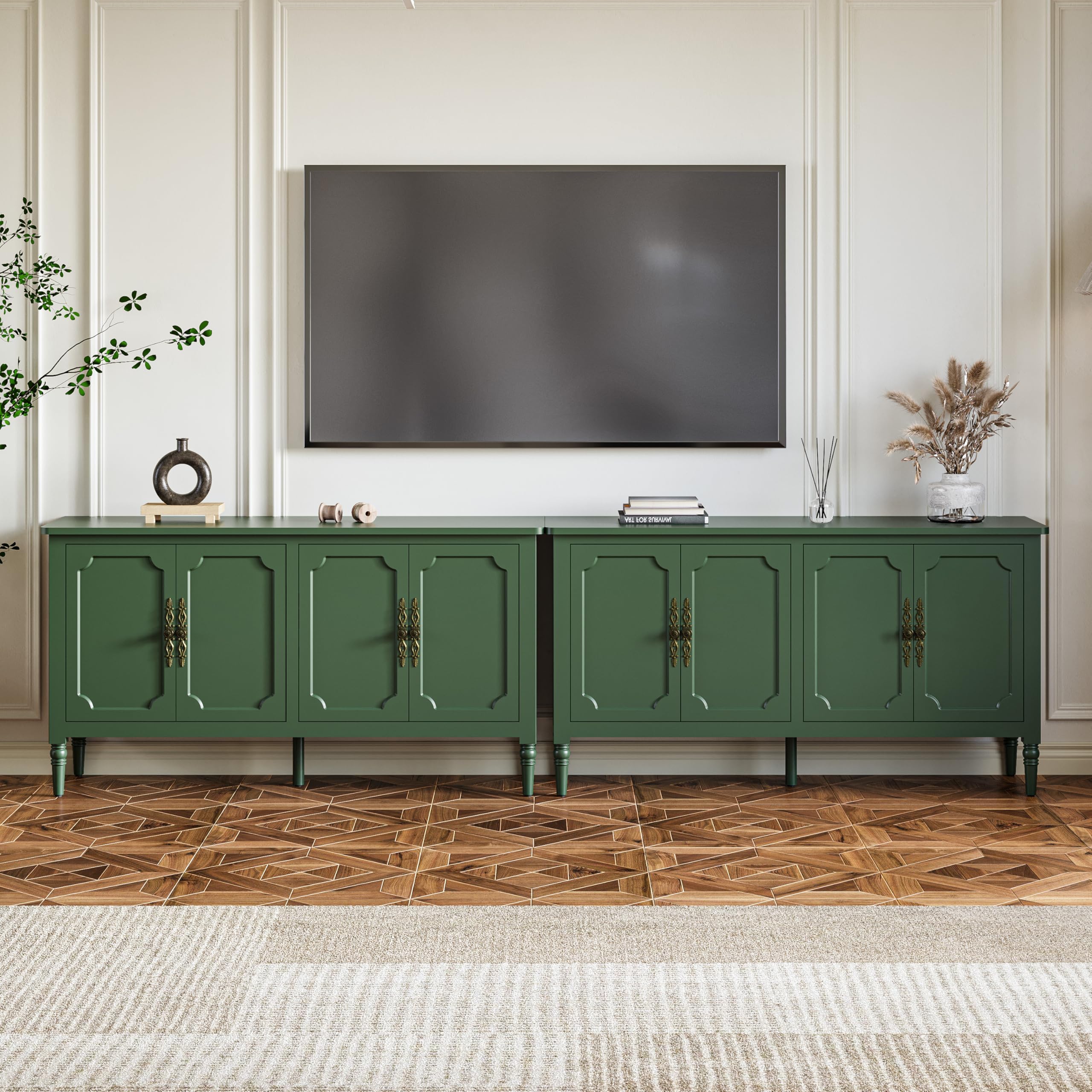 RoyalCraft Modern Buffet Sideboard Set of 2, 58'' Mid Century Modern Console Table, Media Credenza Cabinet with 4 Doors, Accent Cabinet for Entryway, Living Room, Forest Green