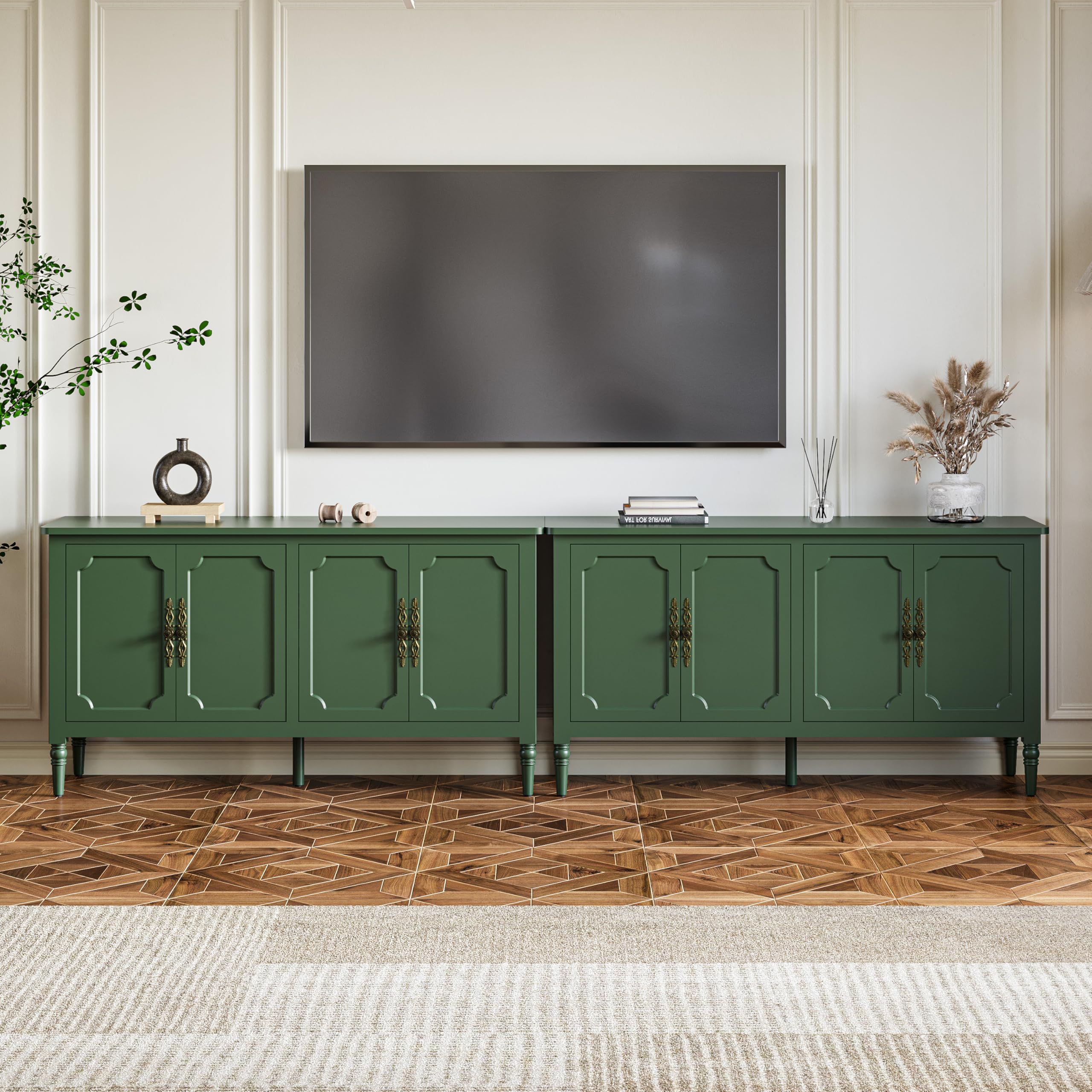 RoyalCraft Modern Buffet Sideboard Set of 2, 58'' Mid Century Modern Console Table, Media Credenza Cabinet with 4 Doors, Accent Cabinet for Entryway, Living Room, Forest Green