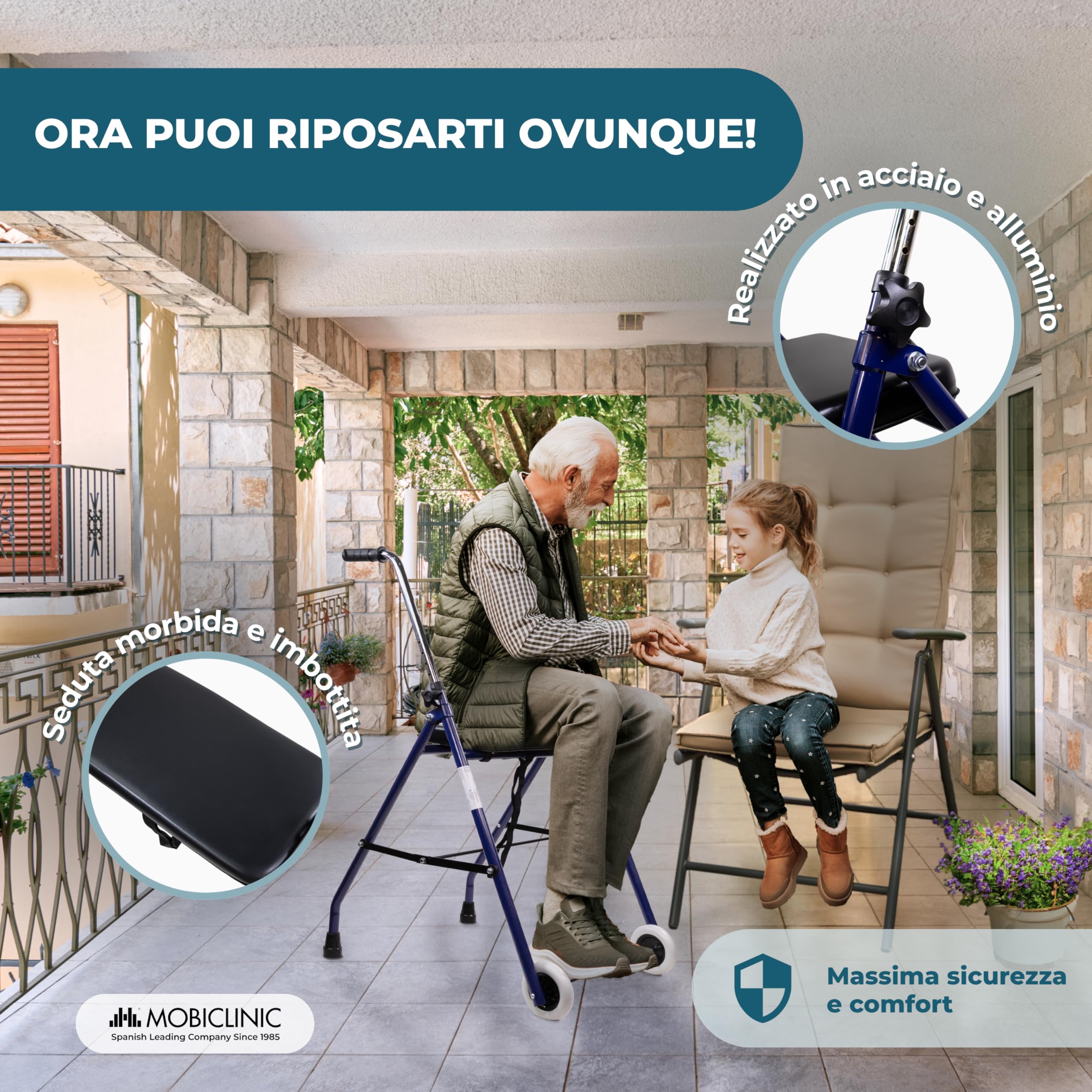 Mobiclinic®, Deambulatore per anziani, Emerita, Marchio europeo, Pieghevole, Regolabile, Acciaio, Maniglie ergonomiche, Leggero, 2 ruote, Adulti, Blu