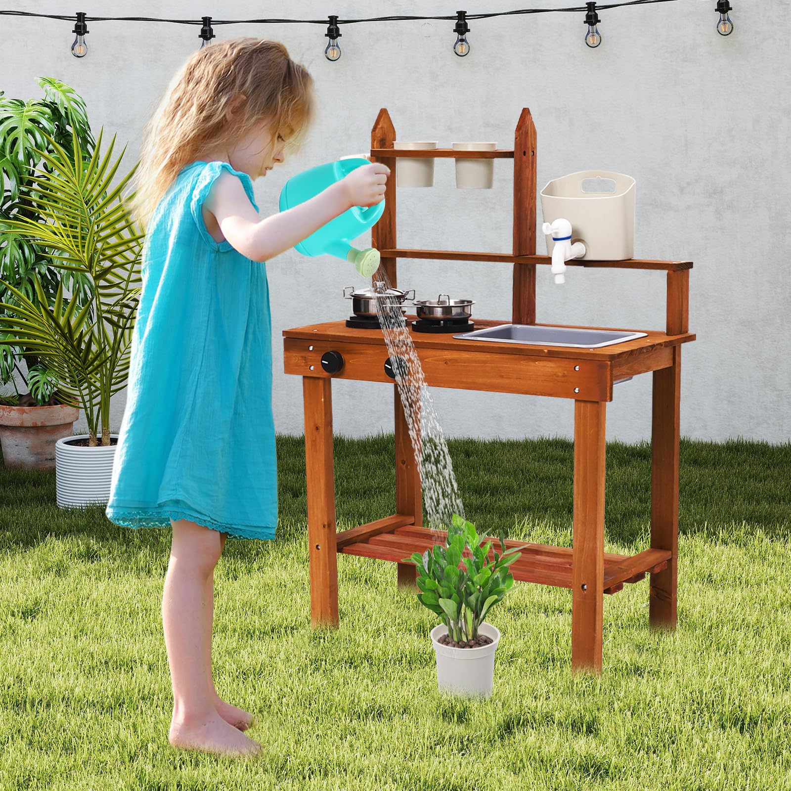 Cocina de Barro para Niños,Cocinita de Madera Infantil con Fregadero Grifo,Equipo de Juego al Aire Libre para Niños,Cocina Exterior Juguetes al Aire Libre para Baby de 2 Años en Adelante