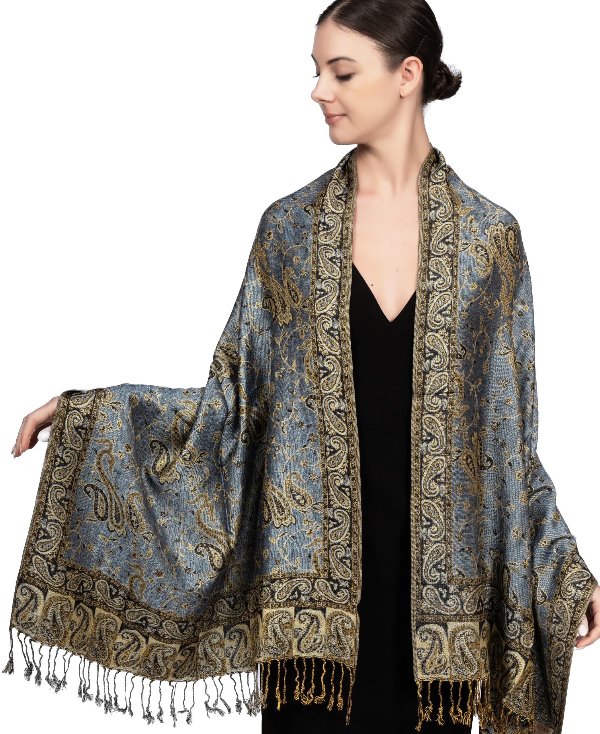 Achillea Reversible Paisley Pashmina Rave Scarf – Exotic Indian Shawls and Wraps for Evening Dresses, Festivals, All Seasons