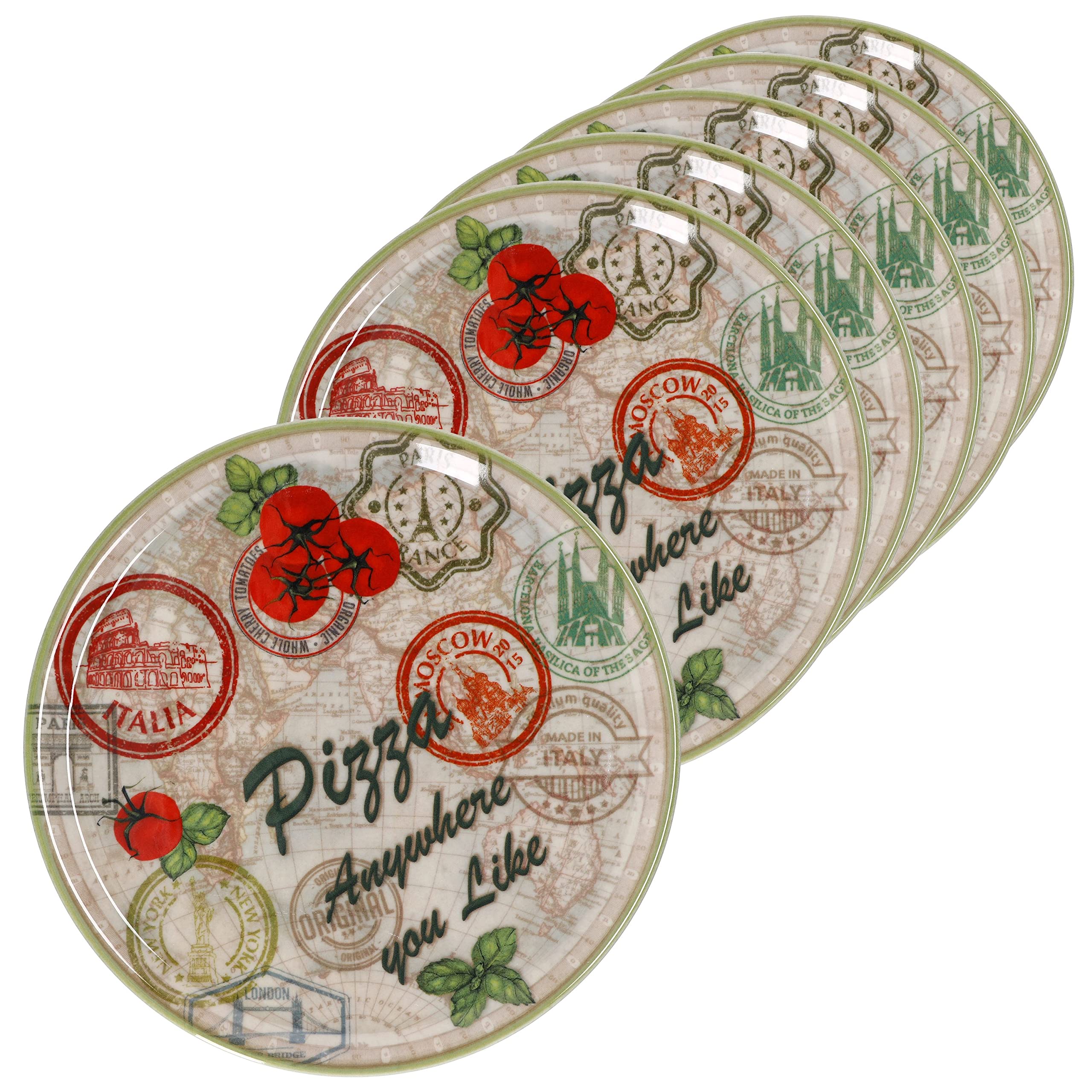 MamboCat Zestaw 6 talerzy do pizzy Moskwa zielone I Ø 31,5 cm - duże I 6 osób I talerze z motywami i napisem I zdobione I do pizzy lub do przygotowywania I porcelana I talerz do serwowania