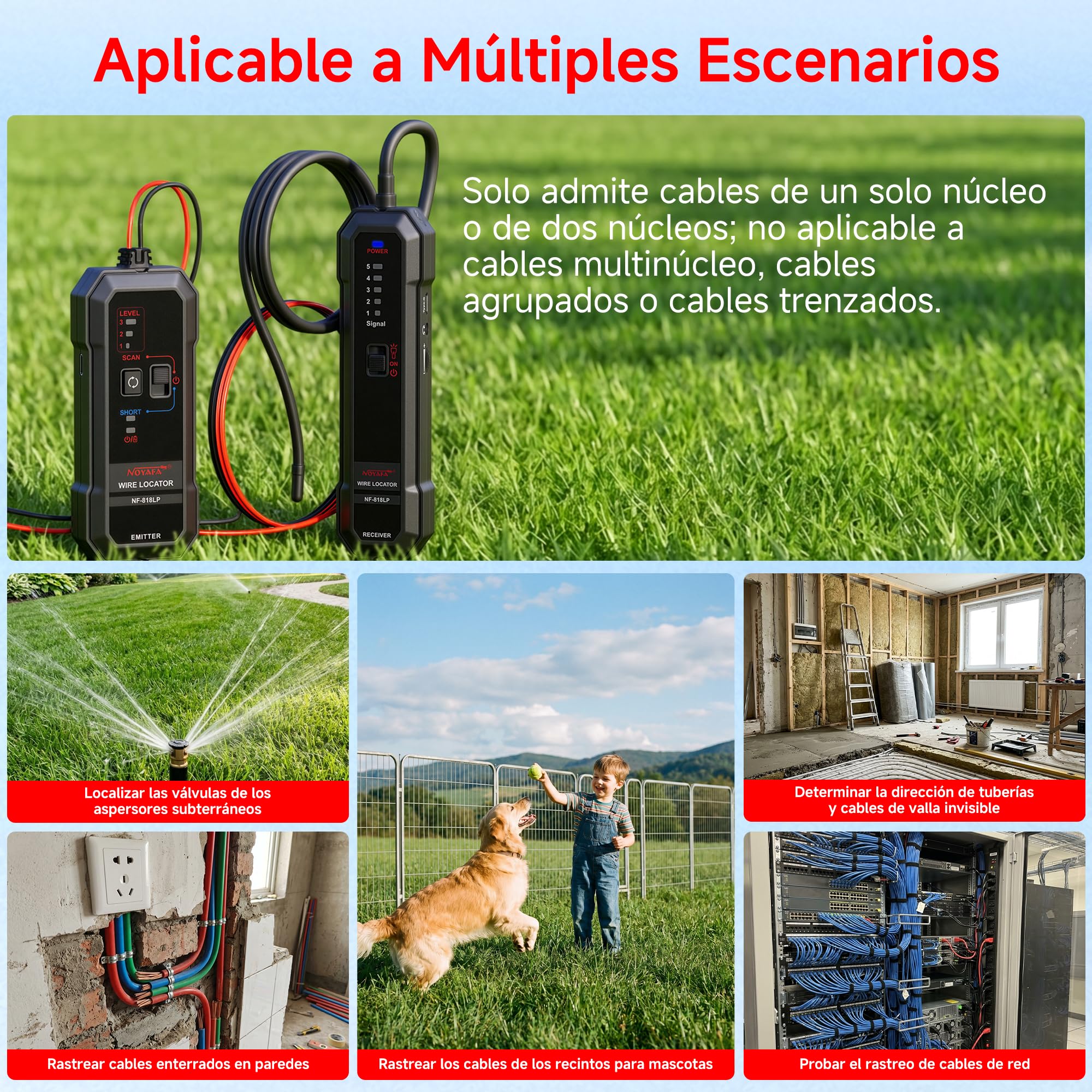 NOYAFA NF-818LP Localizador de Cables Subterráneos, Detector de Fallos y Cortocircuitos, Rastreador de Cables Ocultos en Paredes y Suelo para Cercas Invisibles de Perros, Redes e Irrigación