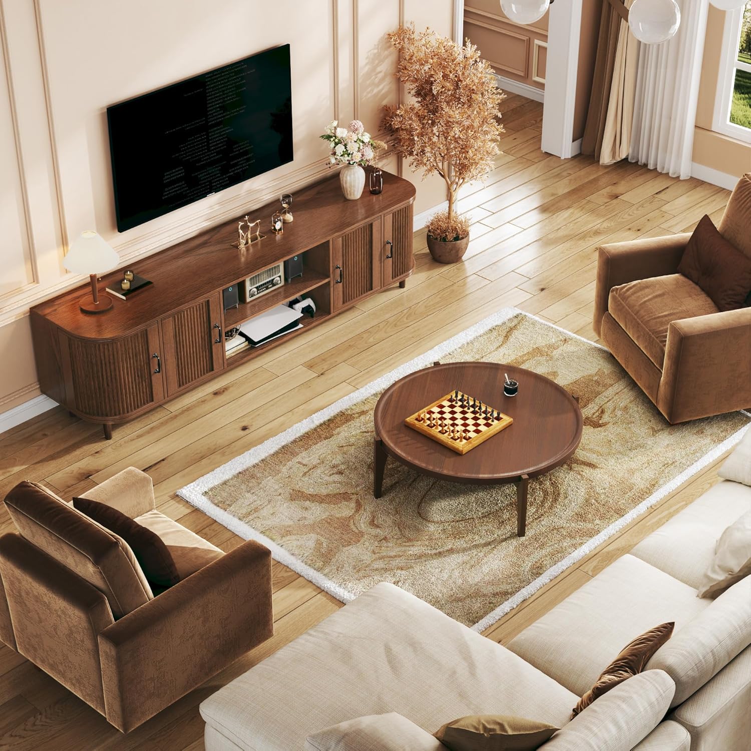 TV Stand for 75 inch TV, Mid Century Modern Entertainment Center for 55/60/65/75 inch TV, with Fluted Door Cabinets & Open Shelves, TV Consoles, Walnut