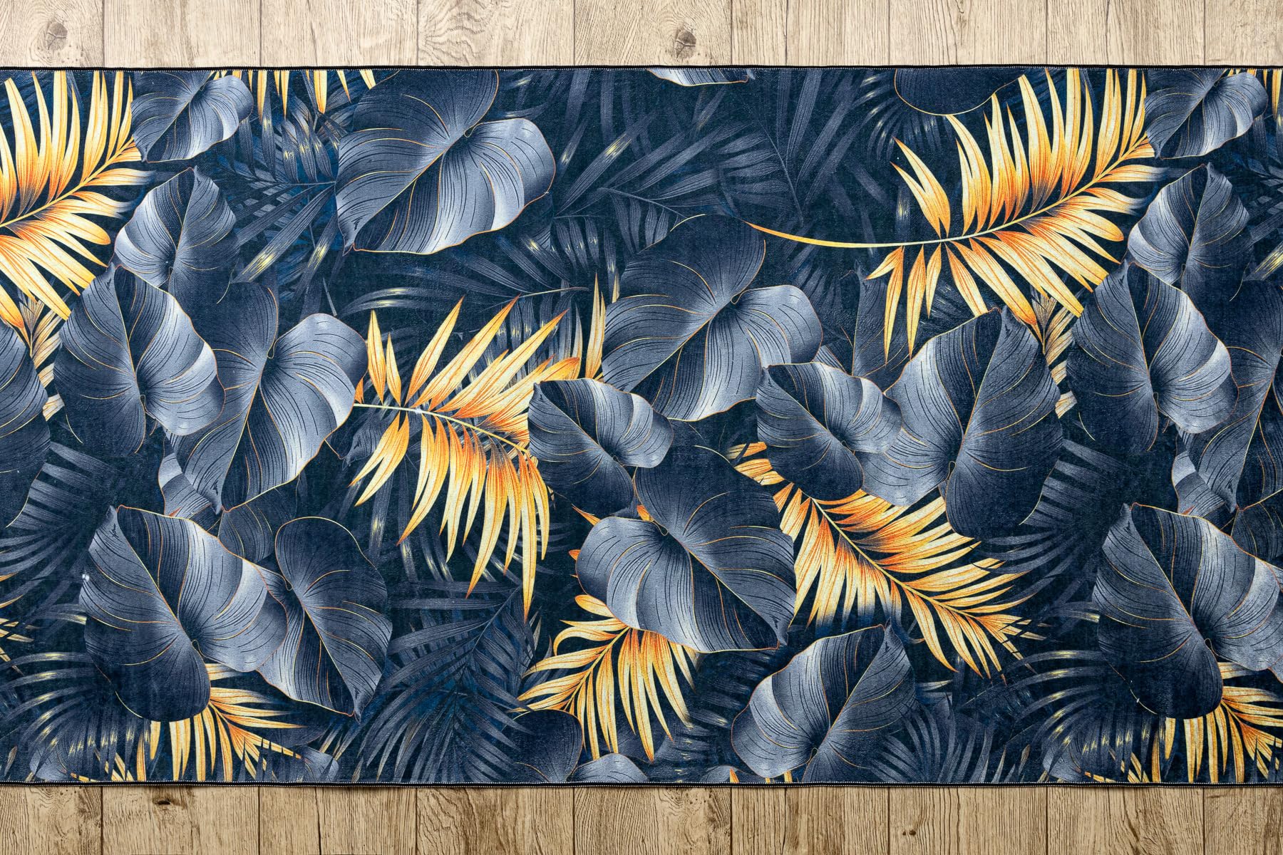 rugsx Tapis Antidérapant Lotus Ferns 45270 Feuilles Gris/Or - Lavable - 60x350 cm - Tapis de Couloir Antiglisse pour Cuisine et Entrée