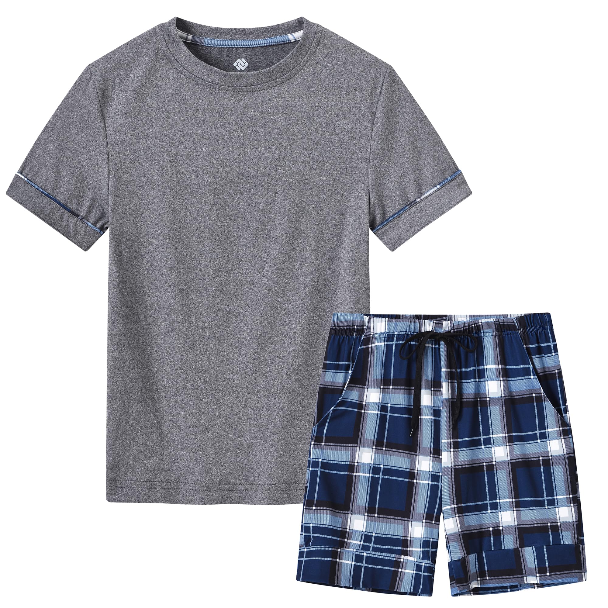 MoFiz Jungen Schlafanzug Kurz Kinder Pyjama-Set Weich Niedlich Kurzarm Shirt und Karierte Schlafhose Kurz Hausanzug Set Größe 128 bis 176