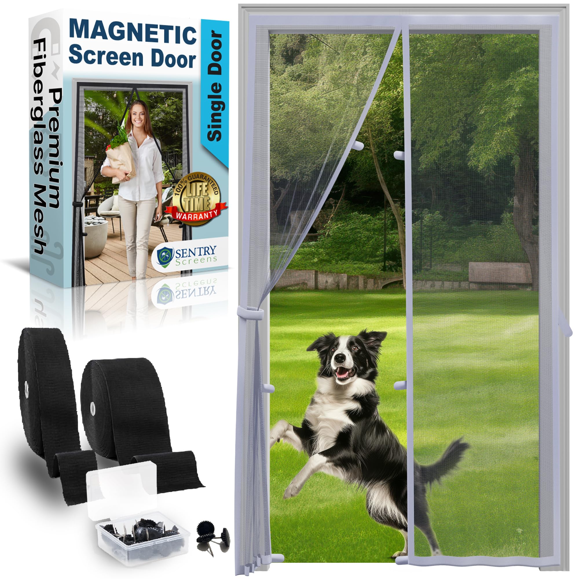 Fiberglass Mesh Magnetic Screen Door – Heavy Duty Self-Closing Hanging Door Net Screen with Magnet Closures – Fits Doors Up To 34"x82" – Gray – by Sentry Screens
