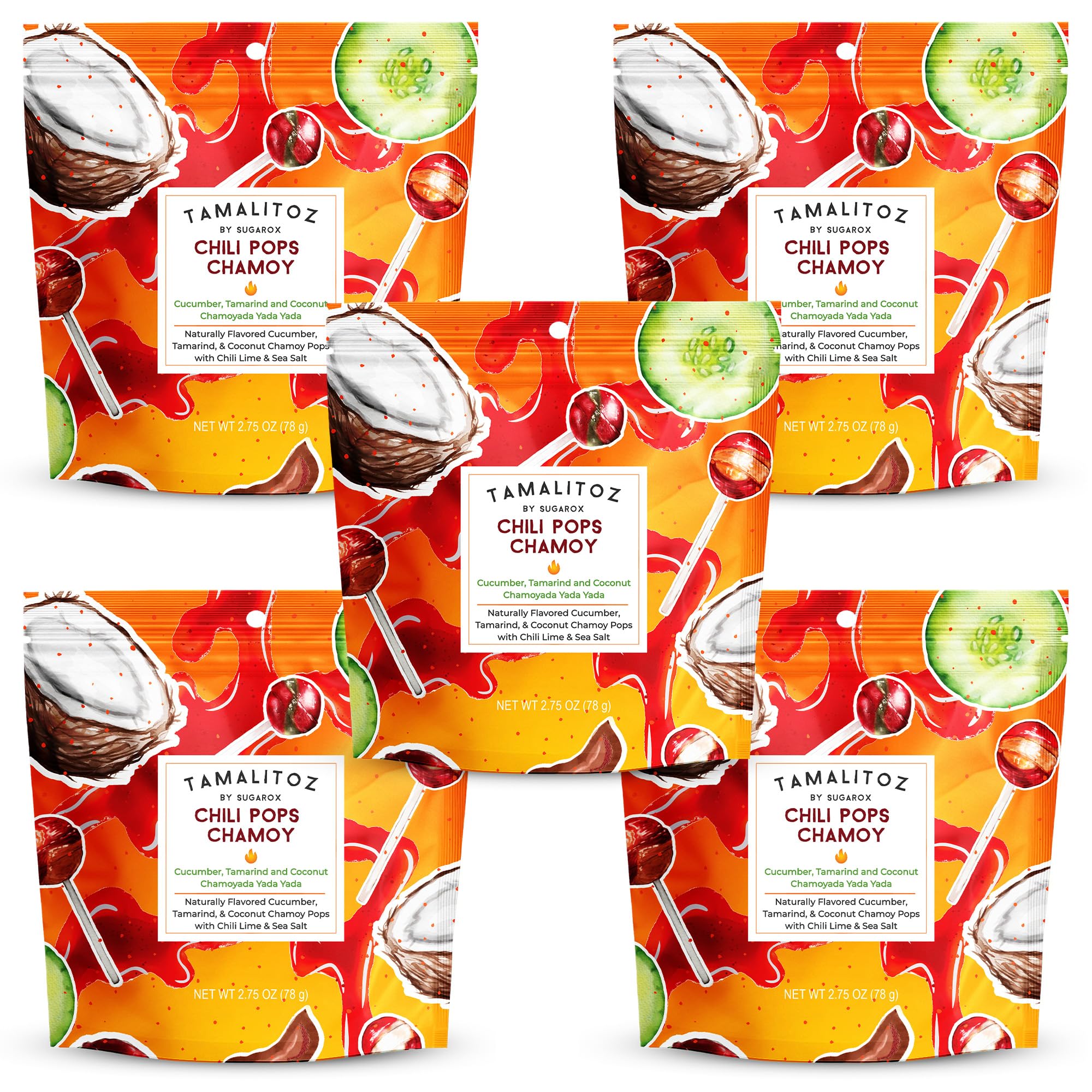 Tamalitoz Chili Pops Chamoy Spicy Mexican Lollipops with Chili, Lime, Sea Salt & Chamoy Coconut, Tamarind & Cucumber Flavors Fruity Handcrafted Candy, Gluten-Free, Kosher, 5 Bags, 2.75oz Each