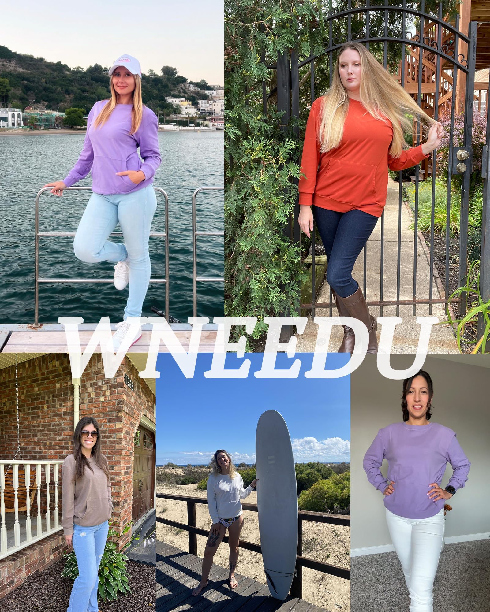 WNEEDU Señoras Sudaderas de Manga Larga Sudaderas Casual con Bolsillos