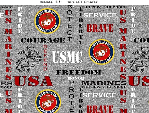 US Military Cotton Fabric with Heather Grey Ground and Logos-Sold by The Yard (Marines)