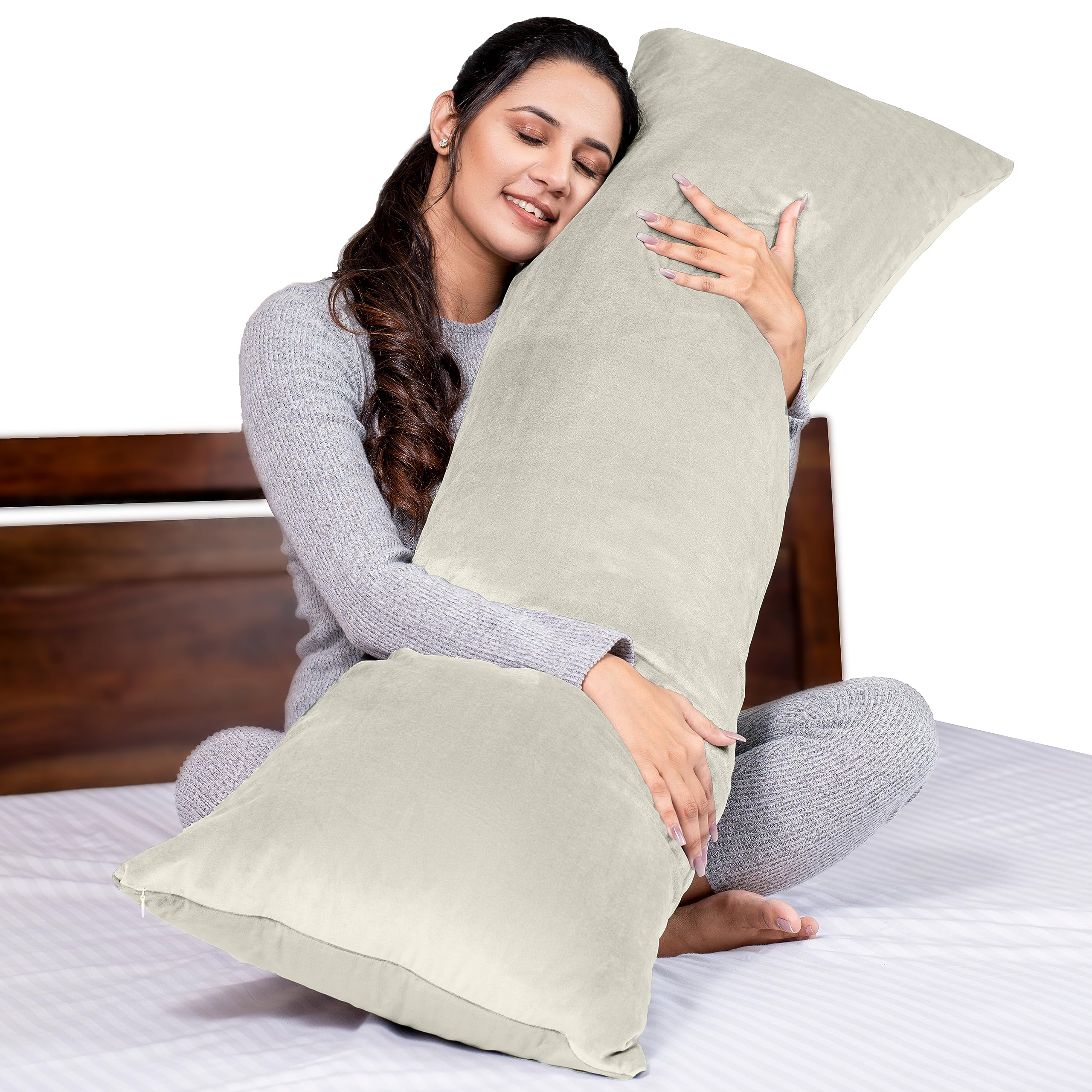 MY ARMOR Maternity Pillow | Velvet Long Body Side Pregnancy Pillow for Women Sleep | for Hugging & Relaxing, Washable Velvet Cover with Zip, Cream [53"x16"]