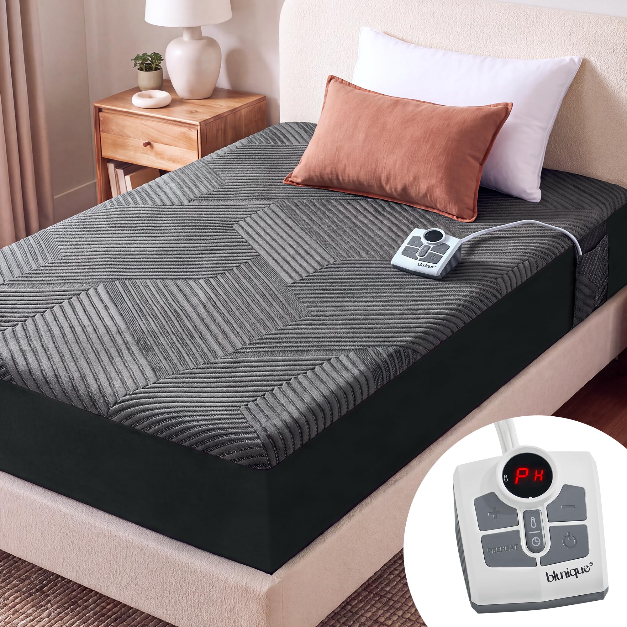 Heated Mattress Electric Pad Twin Size Single Control Bed Warmer, Deep Pocket, Side Storage Pouch for Controller, Machine Washable, 3D Air Layer Fabric, 39"x75", Black Charcoal