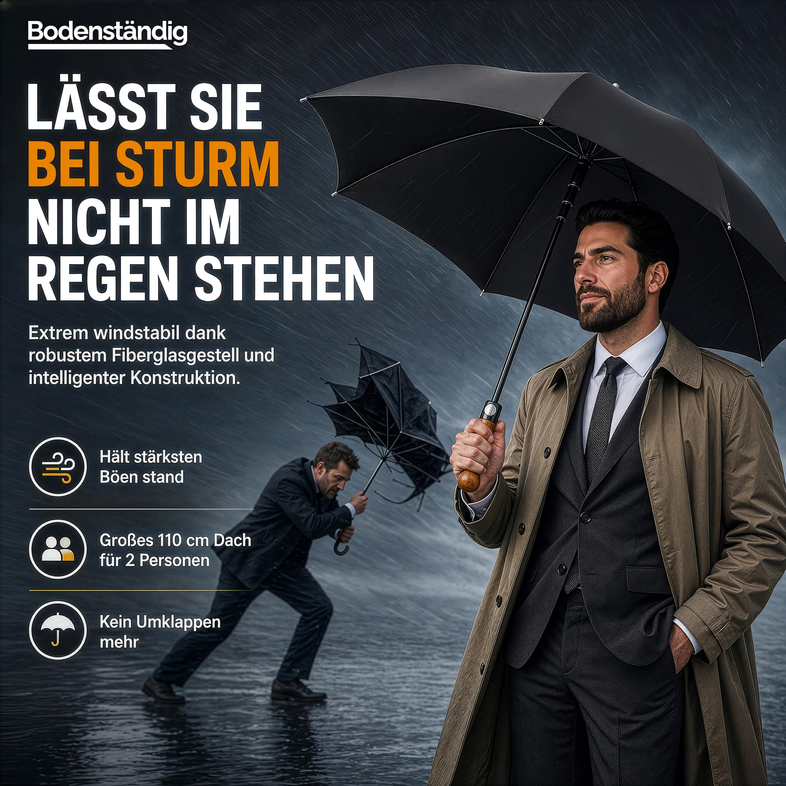 Sicherheitsschirm Selbstverteidigungsschirm XXL – Extrem stabil & nahezu unzerbrechlich – Fiberglas-Kern – Massivholzgriff – Sturmfest für 2 Personen – Regenschirm Selbstverteidigung schwarz